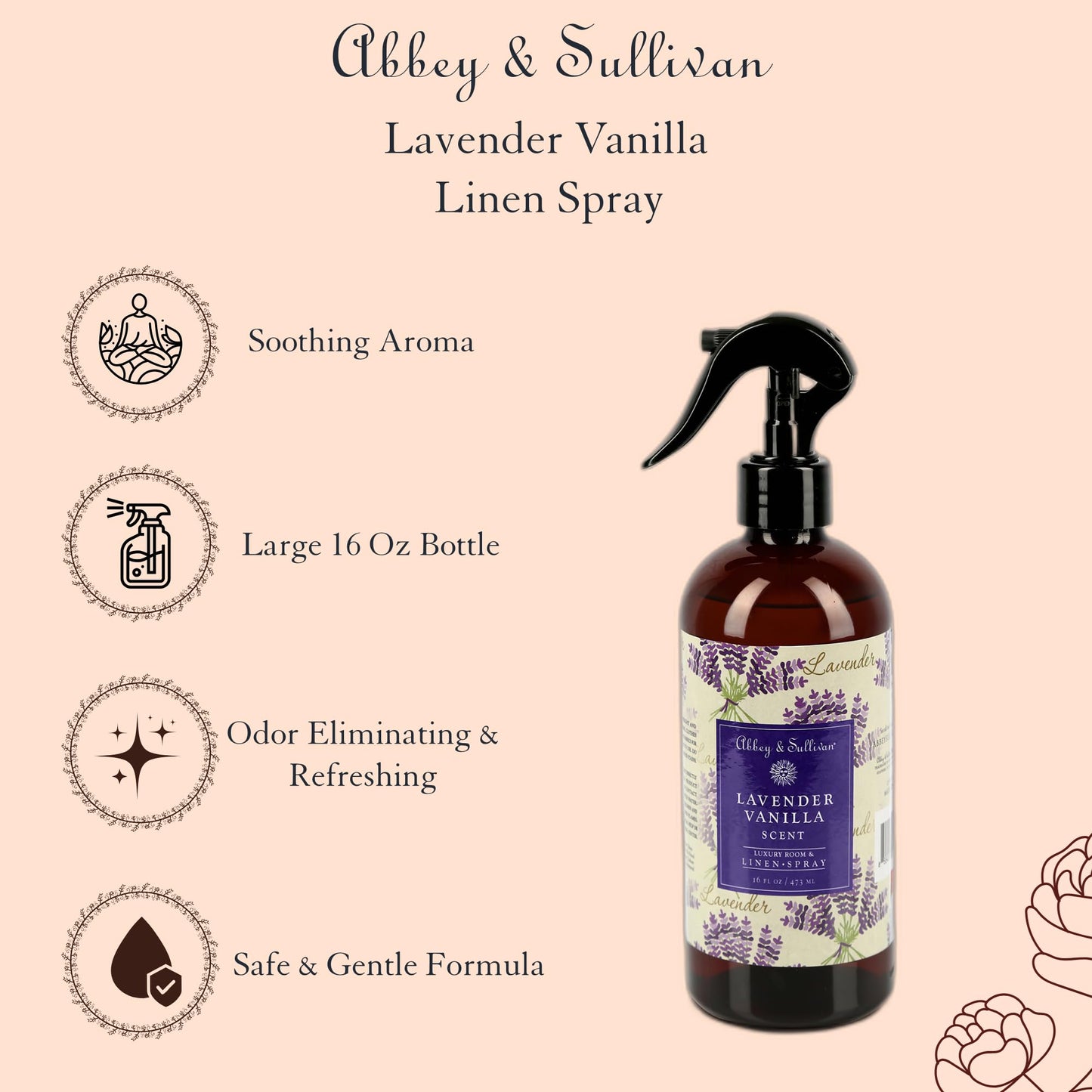 Abbey & Sullivan Odor Eliminating and Refreshing Linen and Room Spray, Lavender Vanilla, 16 oz.