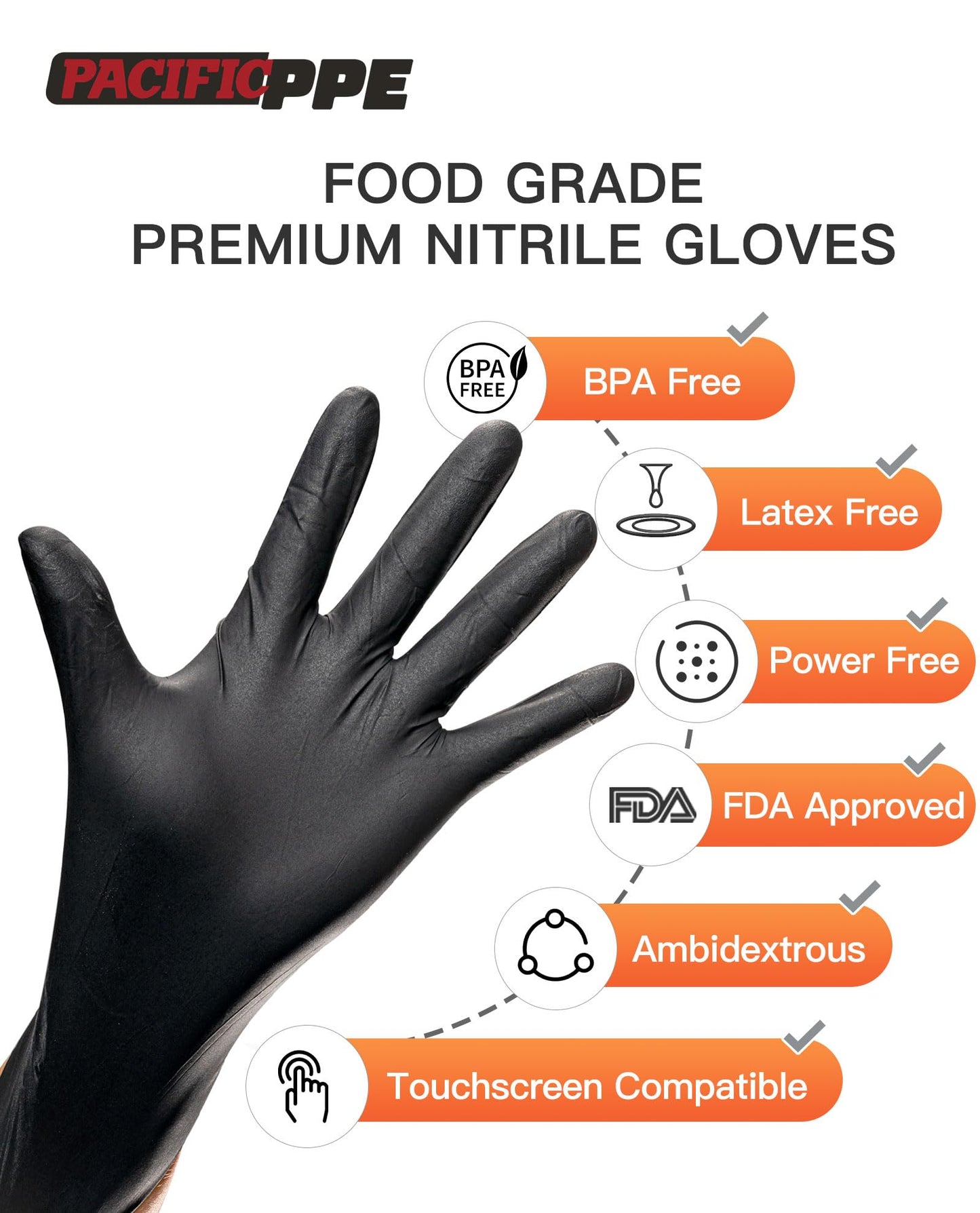 PACIFIC PPE 6-mil Heavy Duty Black Nitrile Gloves, Chemical Resistant, Food Safe, Latex Free Disposable Gloves for Mechanic, Cooking, and Cleaning