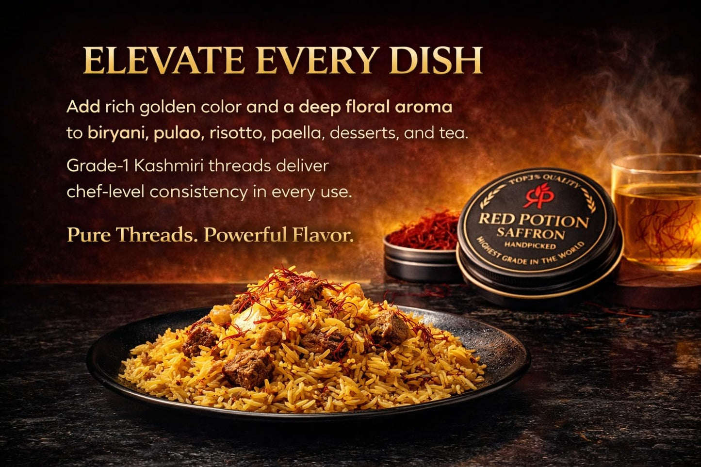 Red Potion Saffron, Kashmiri Premium Saffron Threads, Grade AAA+ Super Negin, Non-GMO. For Tea, Paella, Rice, Desserts, Golden Milk, and Risotto (5