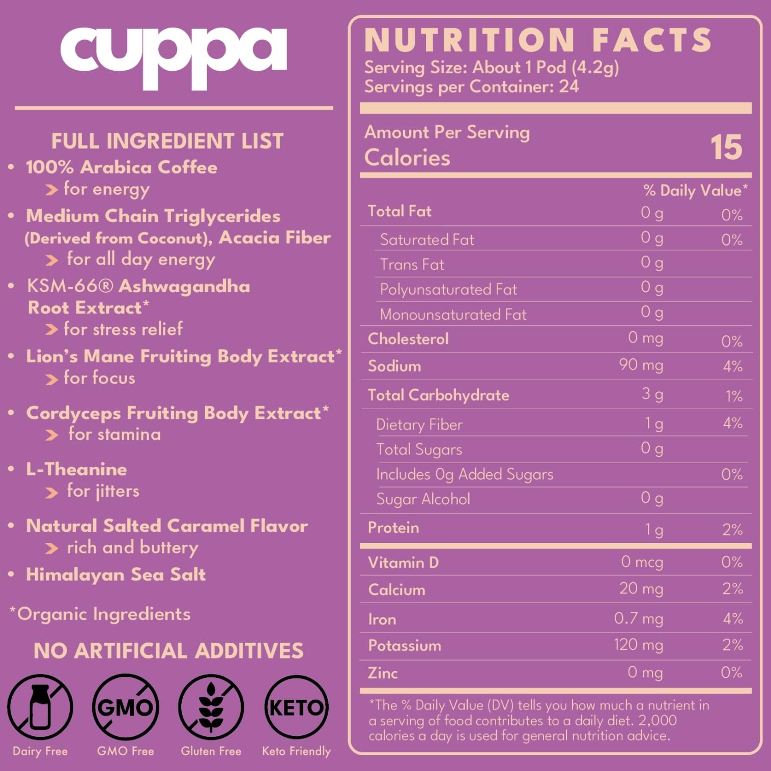 Cuppa Salted Caramel Mushroom Coffee with Adaptogens & Superfoods - Lion’s Mane, Ashwagandha & Cordyceps. Adaptogens + MCT to support natural energy
