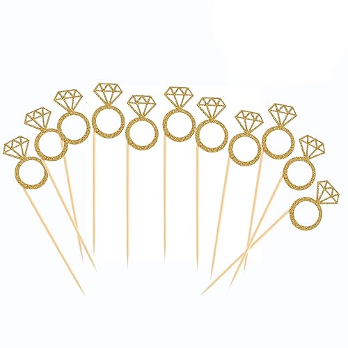 50 Pack Cupcake Toppers Gold Glitter Mini Diamond Ring Cakes Toppers for Marriage Engagement Anniversary Birthday Valentines Party Cake Decor