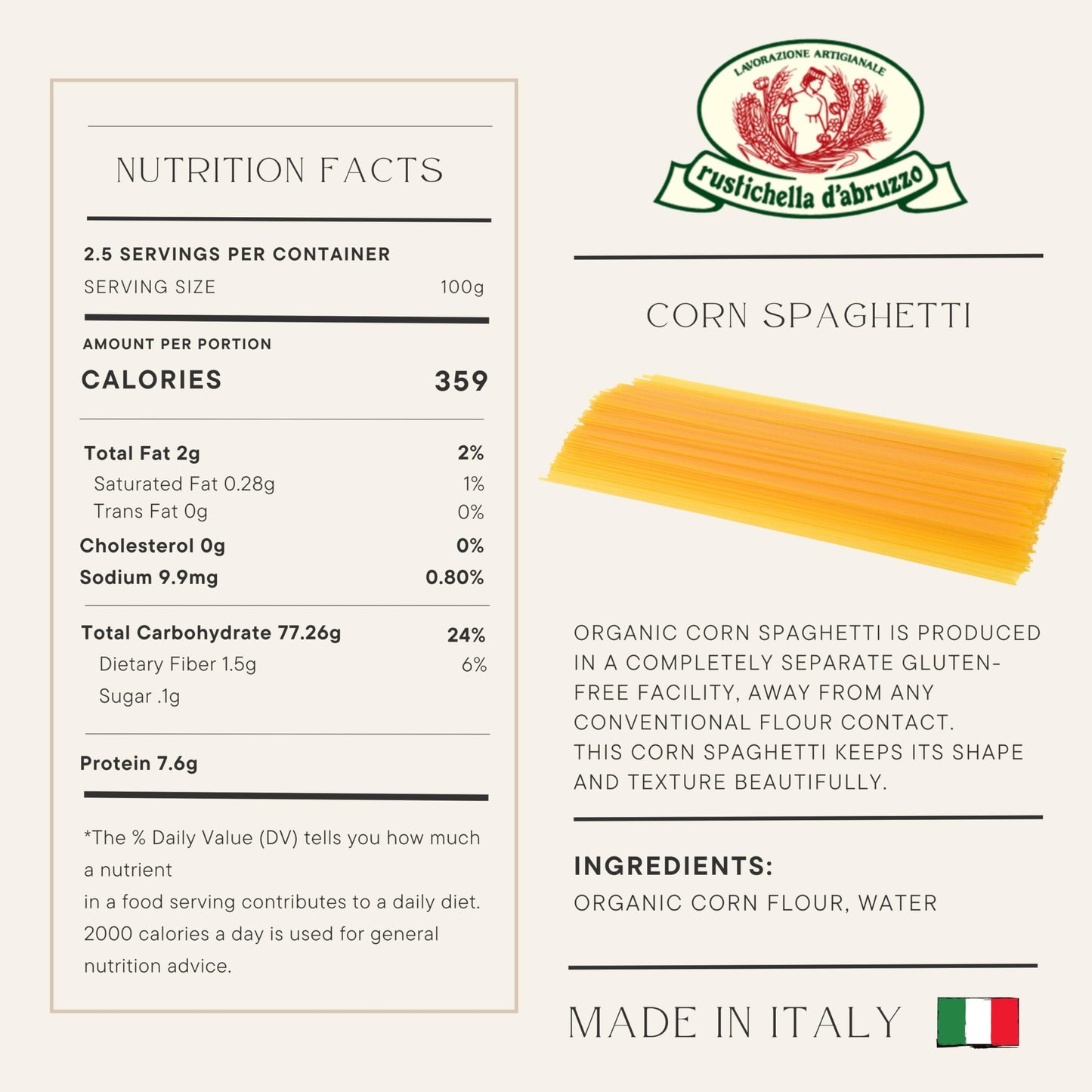 Rustichella d'Abruzzo Organic Corn Spaghetti - 250g Gluten-Free Pasta - Delicious Corn Flavor - Perfect for Creative Dishes