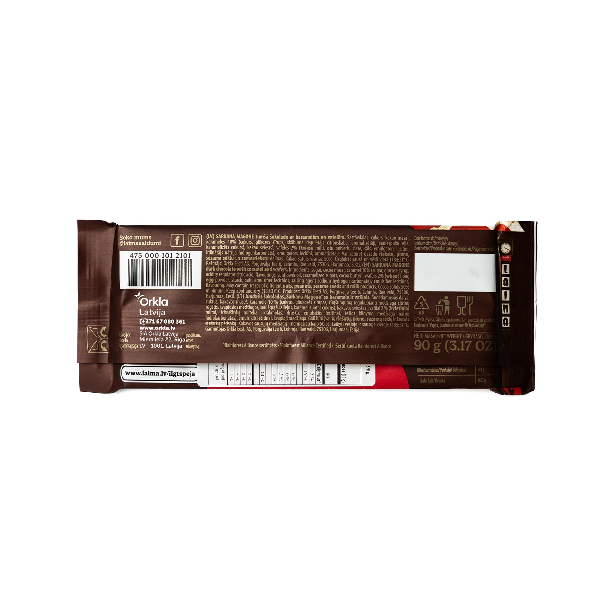 Laima Dark Chocolate (50%) with Caramel and Waffles, 90g Bars (Pack of 5), Sarkan? Magone (Red Poppy)