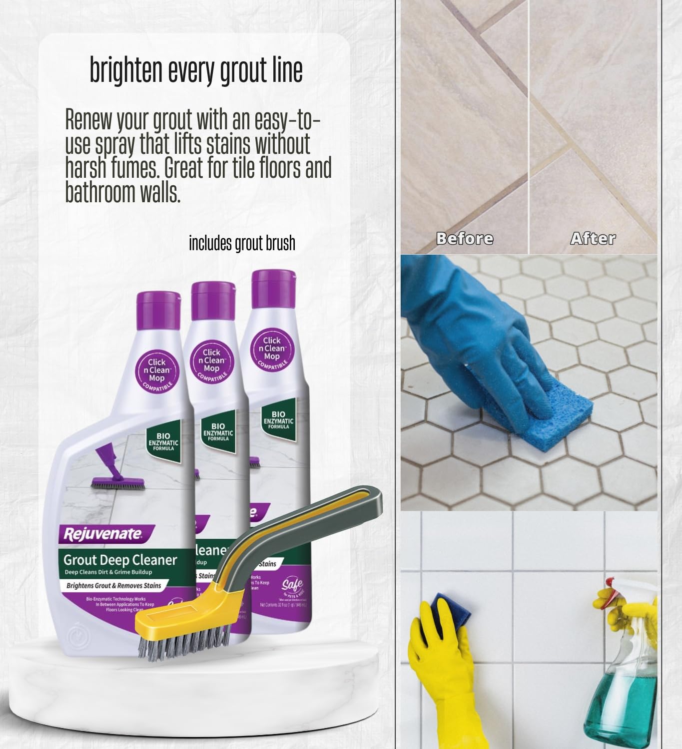 3x Rejuvenate Wood Floor Restorer 32 oz Liquid Bundle with Brush - Removes Dirt and Stains from Tile Grout with Bio-Enzymatic Deep Cleaning Action