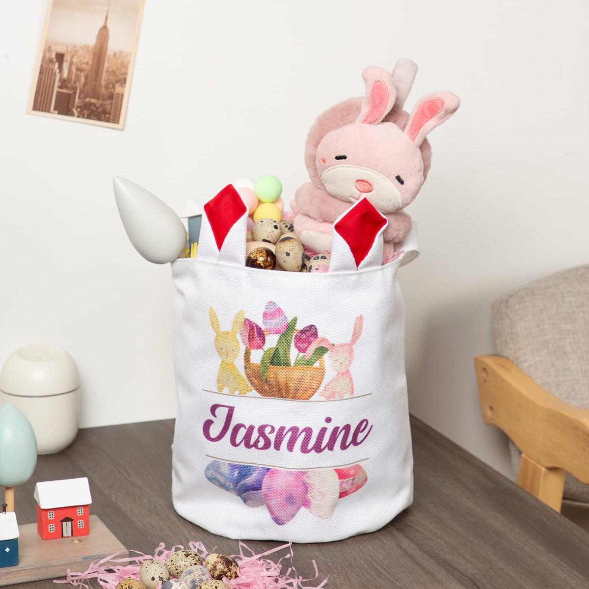 JewelOra Personalized Easter Bunny Basket Bags, Cotton Customized Name Candy Egg Basket Rabbit Print Buckets Cute Easter Basket Toys Bucket Tote Gift