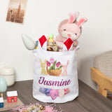 JewelOra Personalized Easter Bunny Basket Bags, Cotton Customized Name Candy Egg Basket Rabbit Print Buckets Cute Easter Basket Toys Bucket Tote Gift
