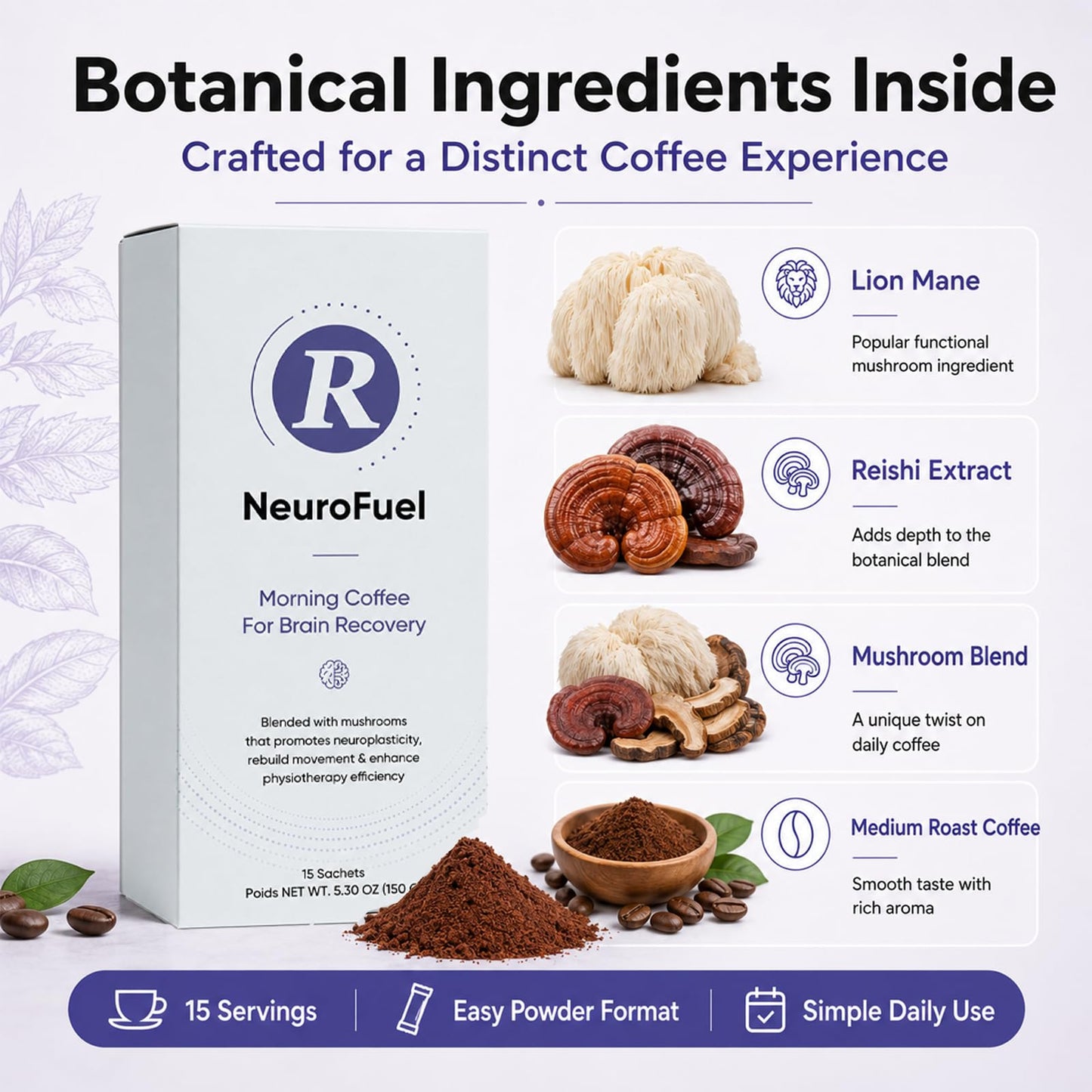 Restural Neurofuel Coffee, with Botanical Ingredients, Lion Mane, Reishi Extract, Mushroom, Smooth & Balanced Medium Roast, Energy Boost, Immune