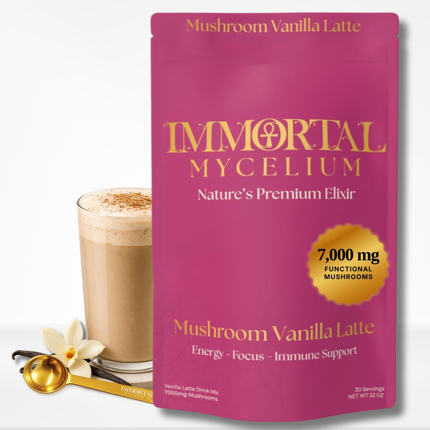 Immortal Mycelium Mushroom Vanilla Latte - Functional Mushroom Coffee Drink Mix with Cordyceps, Lion’s Mane, Reishi & Chaga, Creamy Instant Latte (15