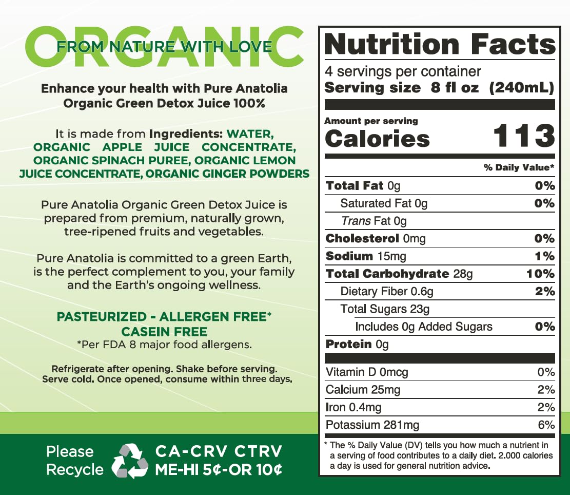Pure Anatolia Organic Green Juice Detox Blend 32 fl oz - Cold Pressed Vegetable & Fruit Drink with Spinach, Apple, Ginger, Lemon - Fresh Pressed