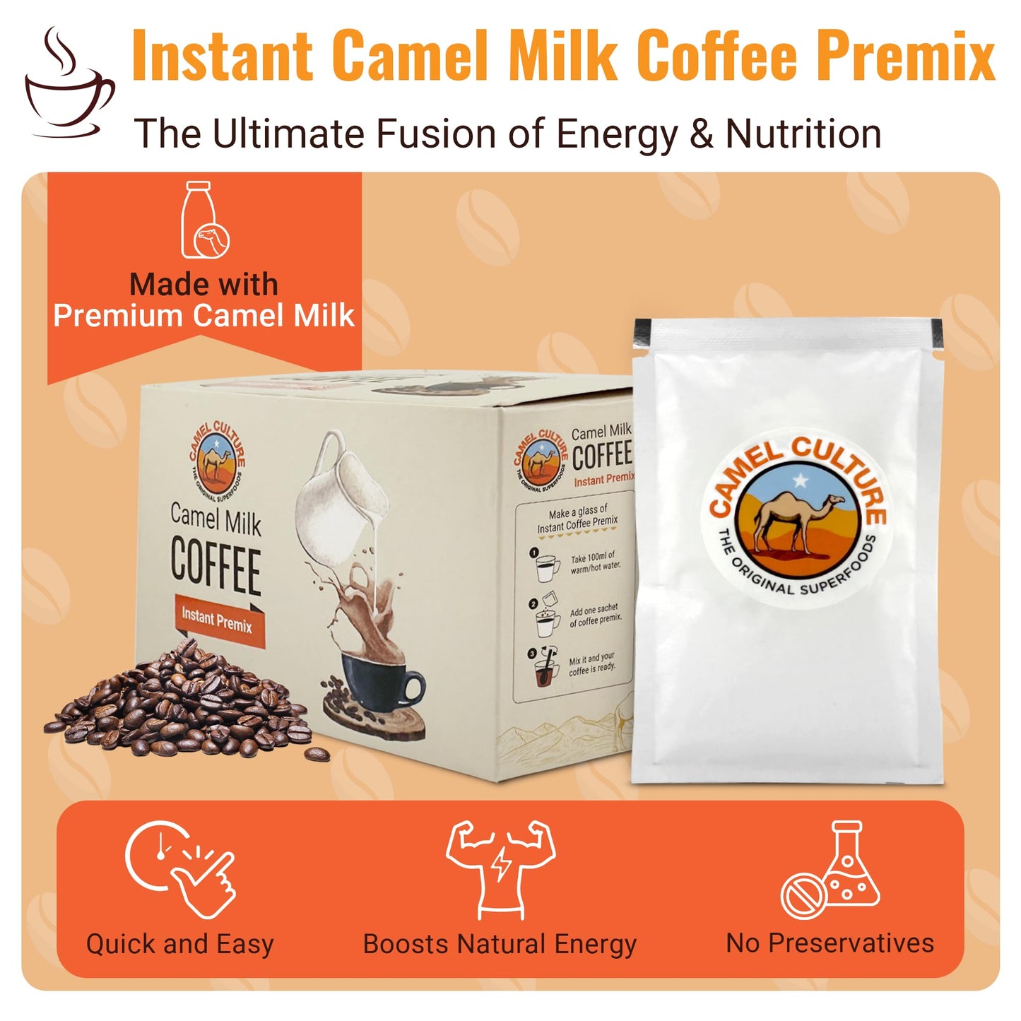 Camel Milk Instant Powdered Coffee Premix - 12 Single Serve Coffee Sachets - Nutrient-Rich Blend & Immune-Boosting Instant Coffee Powder - On-the-Go