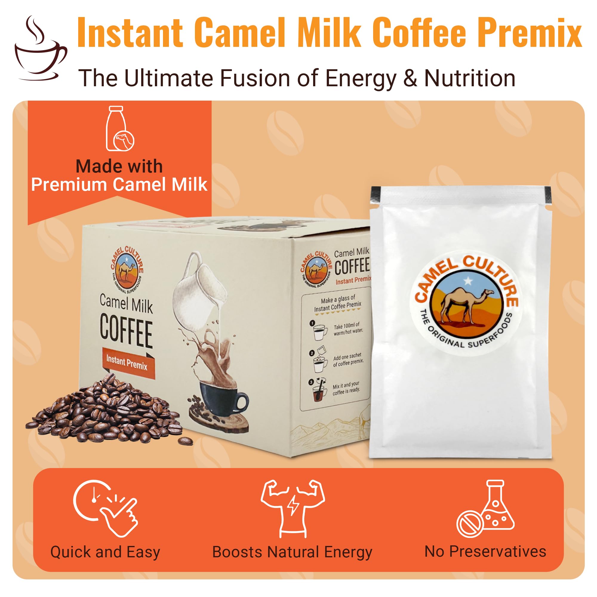 Camel Milk Instant Powdered Coffee Premix - 12 Single Serve Coffee Sachets - Nutrient-Rich Blend & Immune-Boosting Instant Coffee Powder - On-the-Go