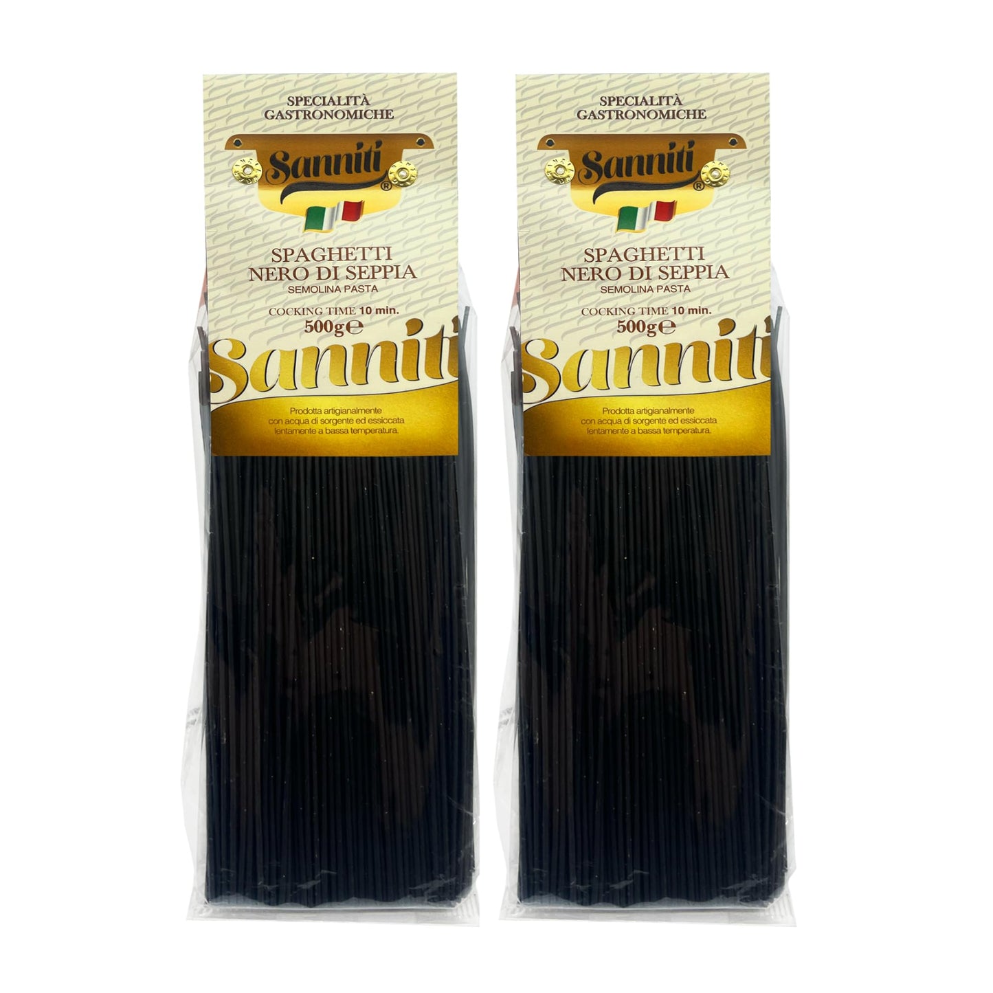 Sanniti Nero di Seppia Spaghetti, 500g | Premium Italian Squid Ink Pasta | Rich Gourmet Flavor | Crafted in Italy (Pack of 2)