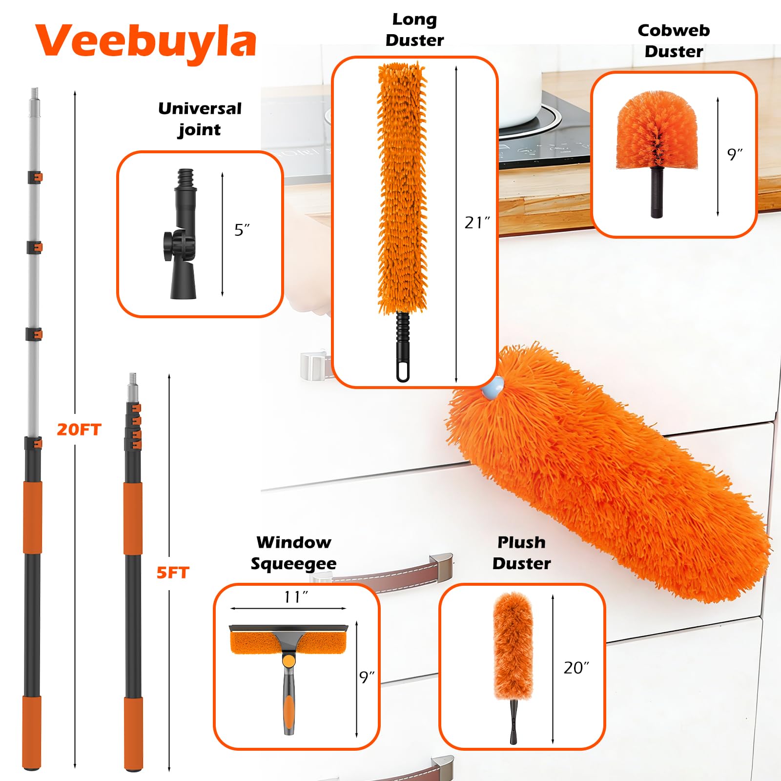 16FT Reach High Ceiling Duster Kits with 3-12FT Adjustable Pole - Includes Extra Long Duster, High Ceiling Duster, Rotatable Window Squeegee & Cobweb