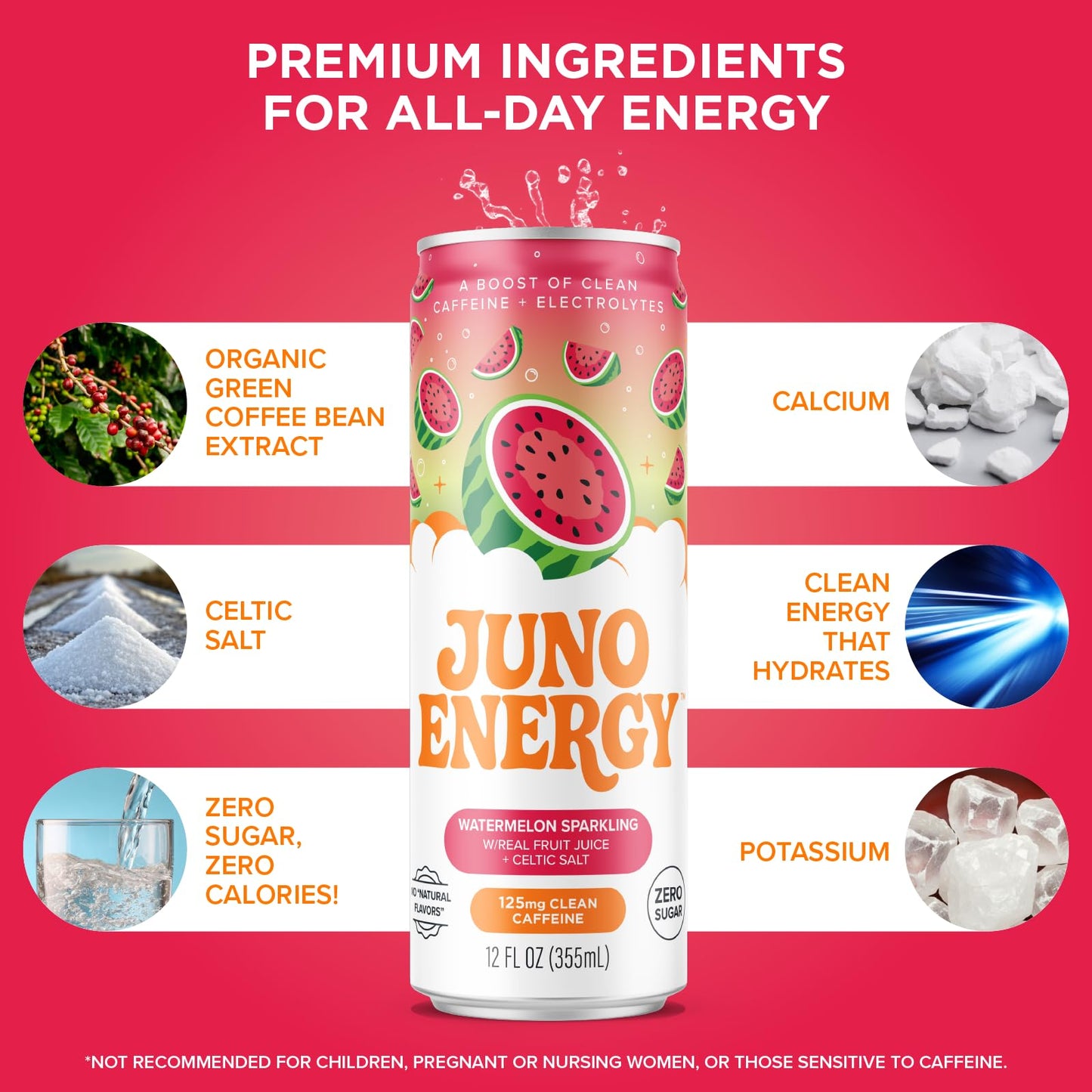 JUNO ENERGY Organic Watermelon Sparkling Energy Drink - Sugar Free, Energizing and Hydrating with 125mg Organic Caffeine from Green Coffee Beans