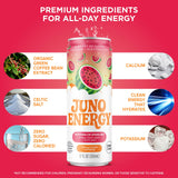 JUNO ENERGY Organic Watermelon Sparkling Energy Drink - Sugar Free, Energizing and Hydrating with 125mg Organic Caffeine from Green Coffee Beans
