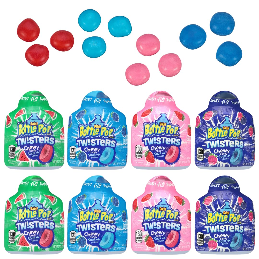 Baby Bottle Pop Twisters Chewy Candy, 8 Ct Sweet Candy with Chewy Sour Center in Twisting Containers, Full Size, Individually Wrapped Fun Bulk