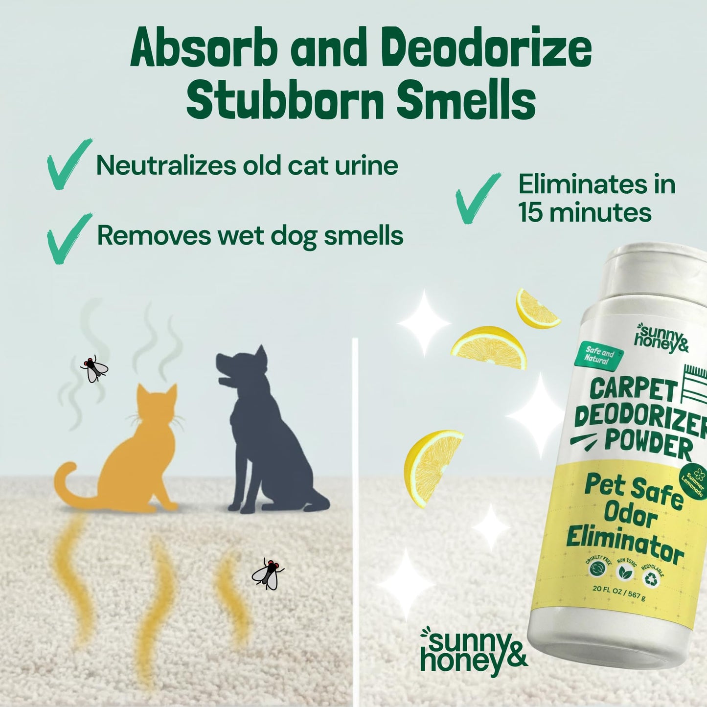 Sunny & Honey Carpet Deodorizer Powder - Pet Safe Freshener for Carpets, Pet Beds and Car Seats - Lemon Odor Eliminator for Cat Urine and Wet Dog