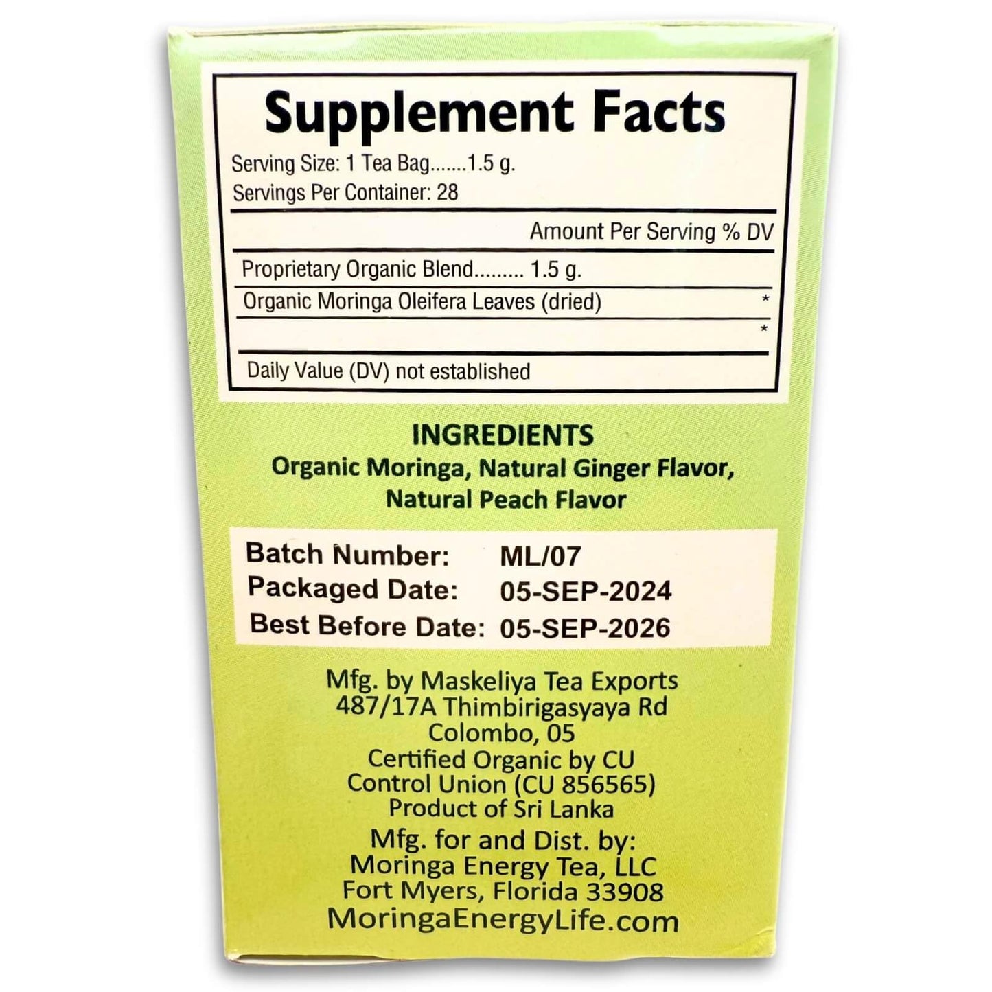Moringa Peach Ginger Tea 28 tea bags (Keto, Detox, Paleo, Vitamin & Minerals, Vegan, Gluten-Free, Non-GMO, Herbal, Caffeine-Free)