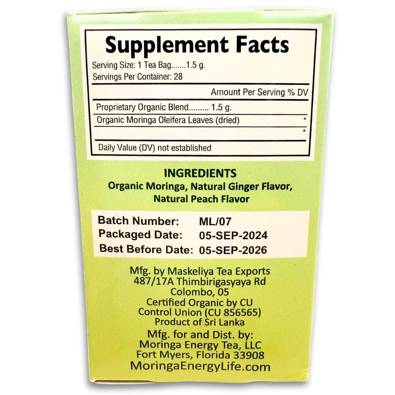 Moringa Peach Ginger Tea 28 tea bags (Keto, Detox, Paleo, Vitamin & Minerals, Vegan, Gluten-Free, Non-GMO, Herbal, Caffeine-Free)