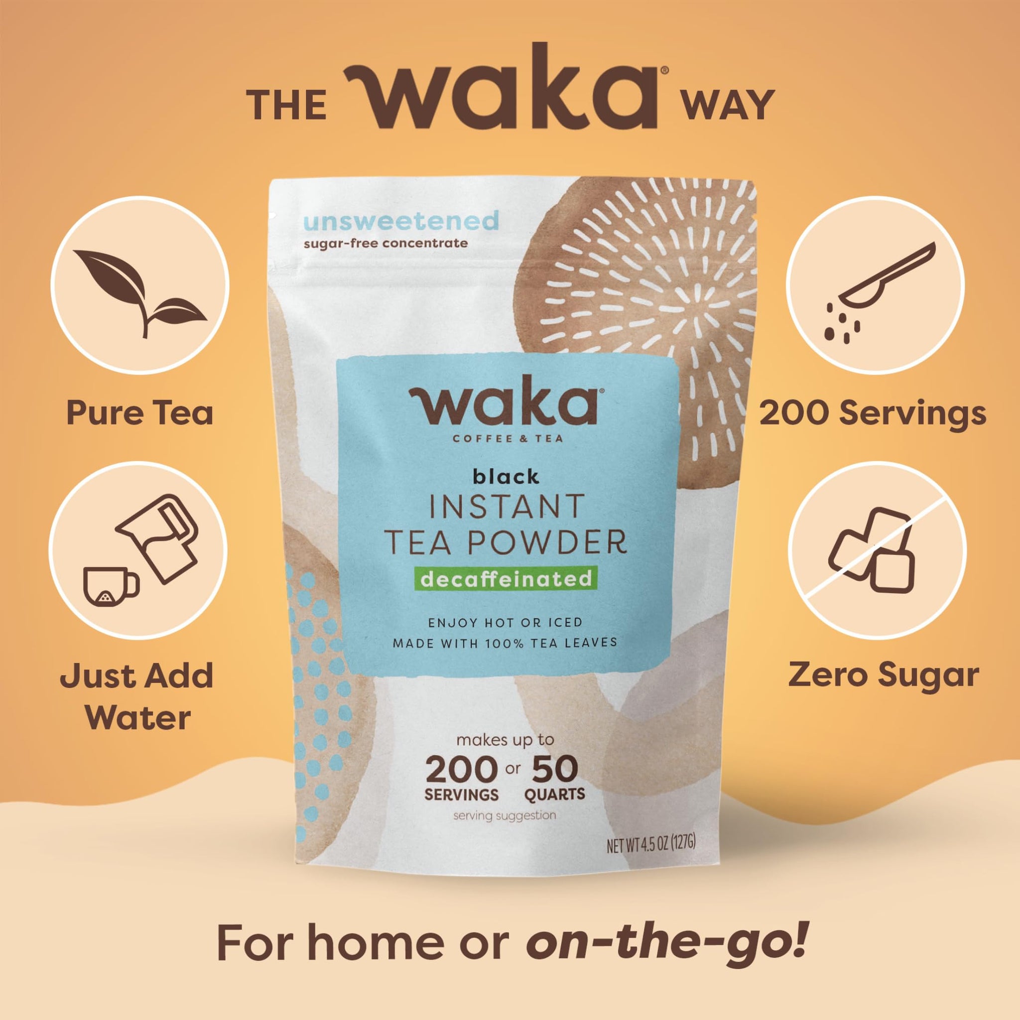 Waka Instant Black Tea Mix Pouch, Decaffeinated - 100% Tea Leaves, No Additives, Unsweetened Tea Powder for 50 Quarts or 200 Cups - Easy Quick Hot
