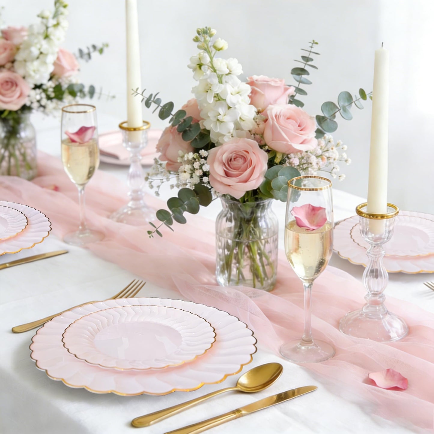 Pink Disposable Plates Plastic Set Of 125? Includes 25 Dinner and Dessert Plates, 75 Gold Cutlery for 25 Guests for Wedding Birthday Parties Baby
