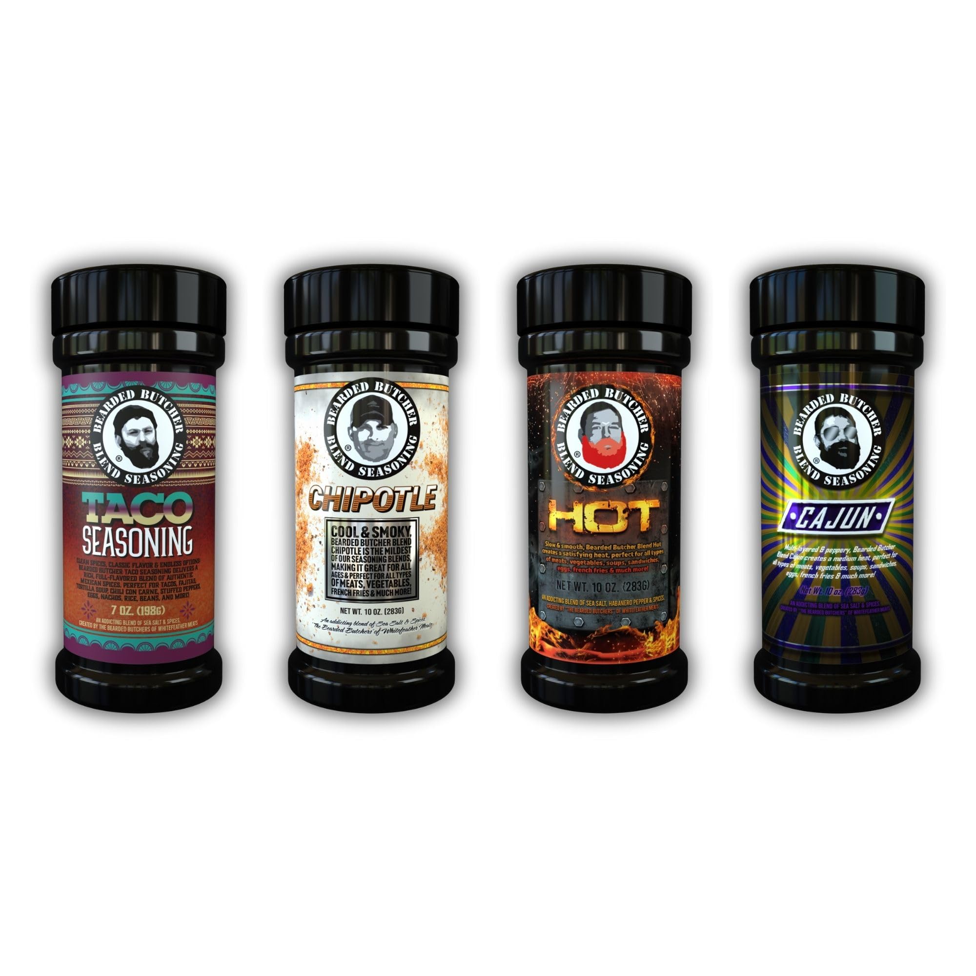 Bearded Butchers Spicy & Sugar Free Mexican-Style Seasoning 4-Pack - Taco, Chipotle, Hot & Cajun Blends - All-Natural, Gluten-Free, No Sugar, No MSG
