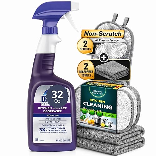 R&C Store Essentials Home Cleaning Bundle Kit, Includes 32 oz Degreaser Spray Compatible with Dawn Kitchen Surface Degreaser, 2 Dual-Sided Non-Scratch