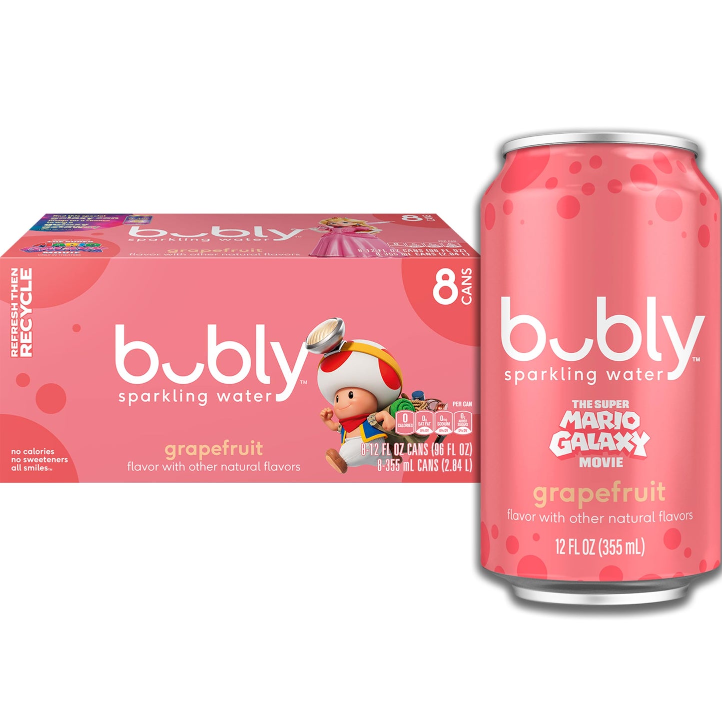 bubly Sparkling Water, The Super Mario Galaxy Movie Grapefruit, Zero Sugar & Zero Calories, 12 Fl Oz Cans (Pack of 8), Packaging May Vary