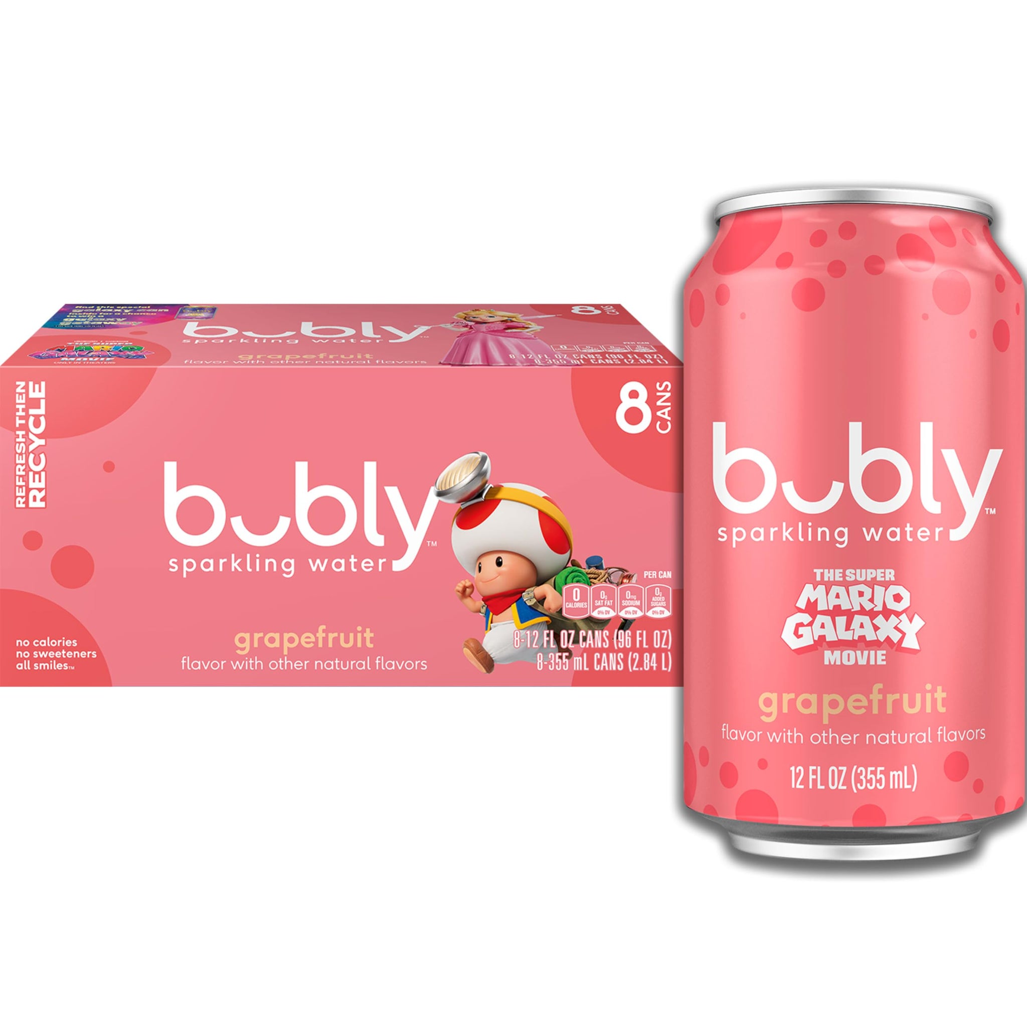 bubly Sparkling Water, The Super Mario Galaxy Movie Grapefruit, Zero Sugar & Zero Calories, 12 Fl Oz Cans (Pack of 8), Packaging May Vary