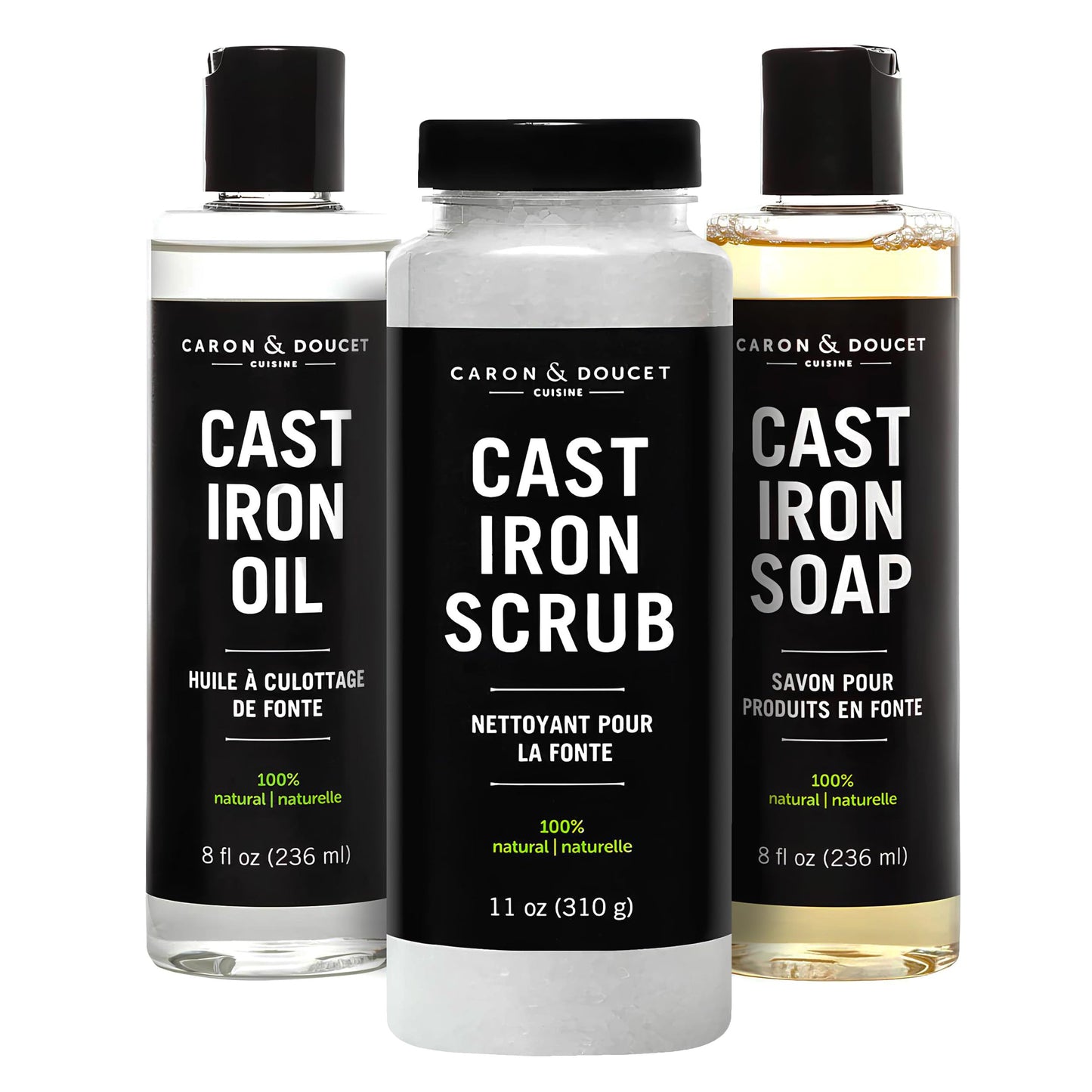CARON & DOUCET - Ultimate Cast Iron Set: Seasoning Oil, Cleaning Soap & Restoring Scrub | 100% Plant-Based & Best for Cleaning Care, Washing