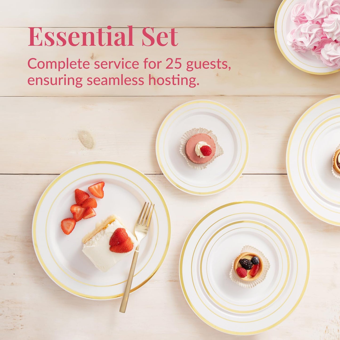 Prestee 50-Piece Disposable Plates Set - White with Gold Rimmed Plastic Plate for Parties, Holidays, Weddings - Includes 25 Dinner Plates and 25 Small