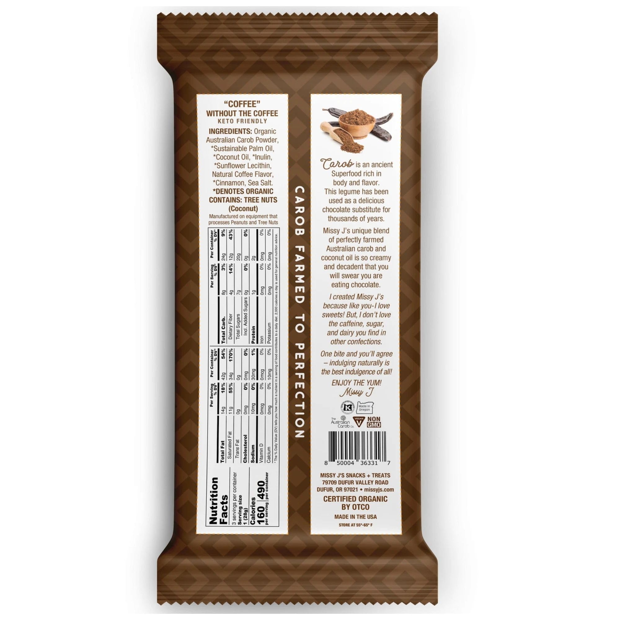 Missy J's Organic Carob Dark Delights Unsweetened Coffee Candy Bar 3 Oz 2 Pack | Vegan, Gluten and Caffeine Free, Healthy Substitute for Chocolate