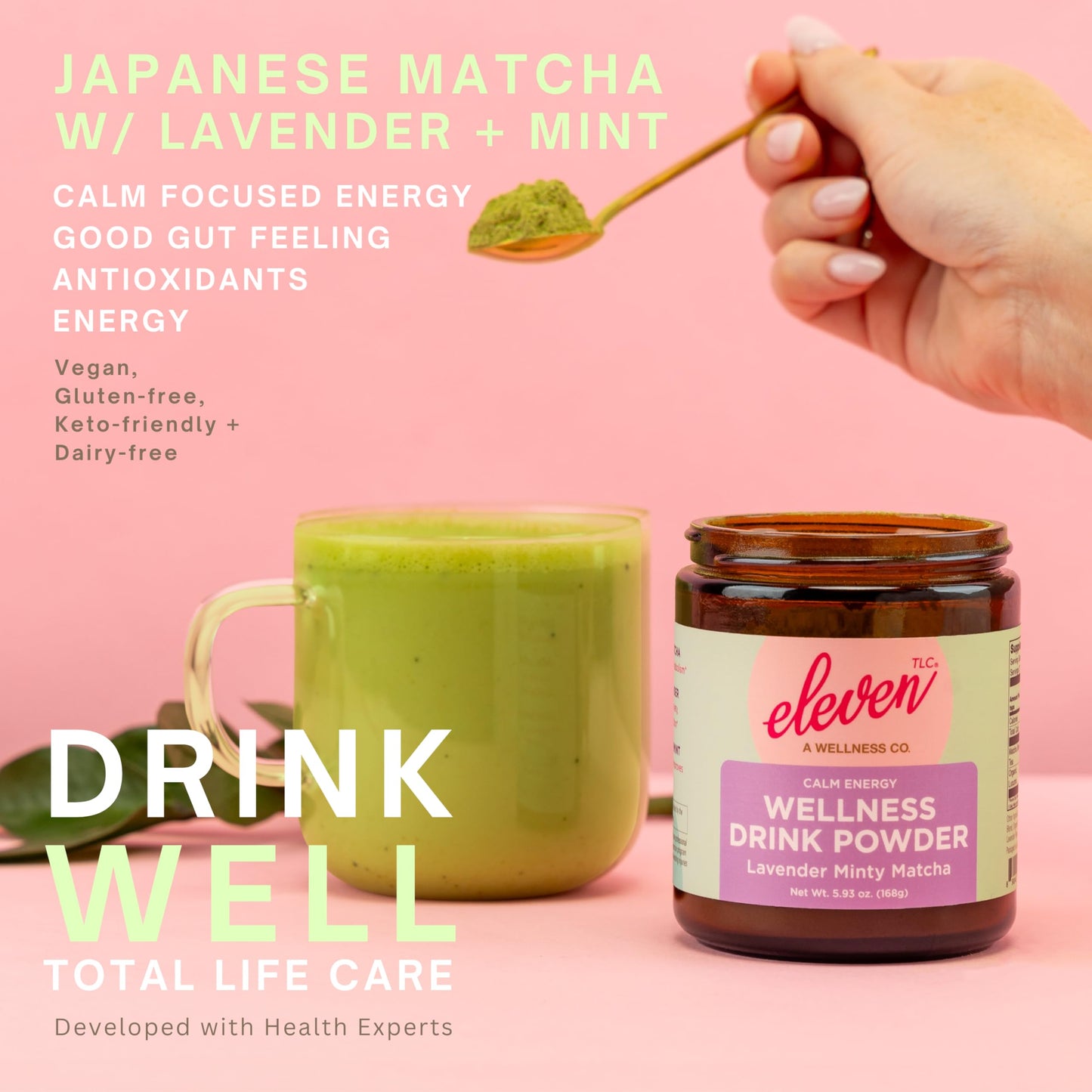 Eleven TLC Mint Lavender Matcha Powder - Ceremonial Grade Japanese Green Tea - Sugar-Free Wellness Latte Mix with Peppermint & Lavender - Calm Energy