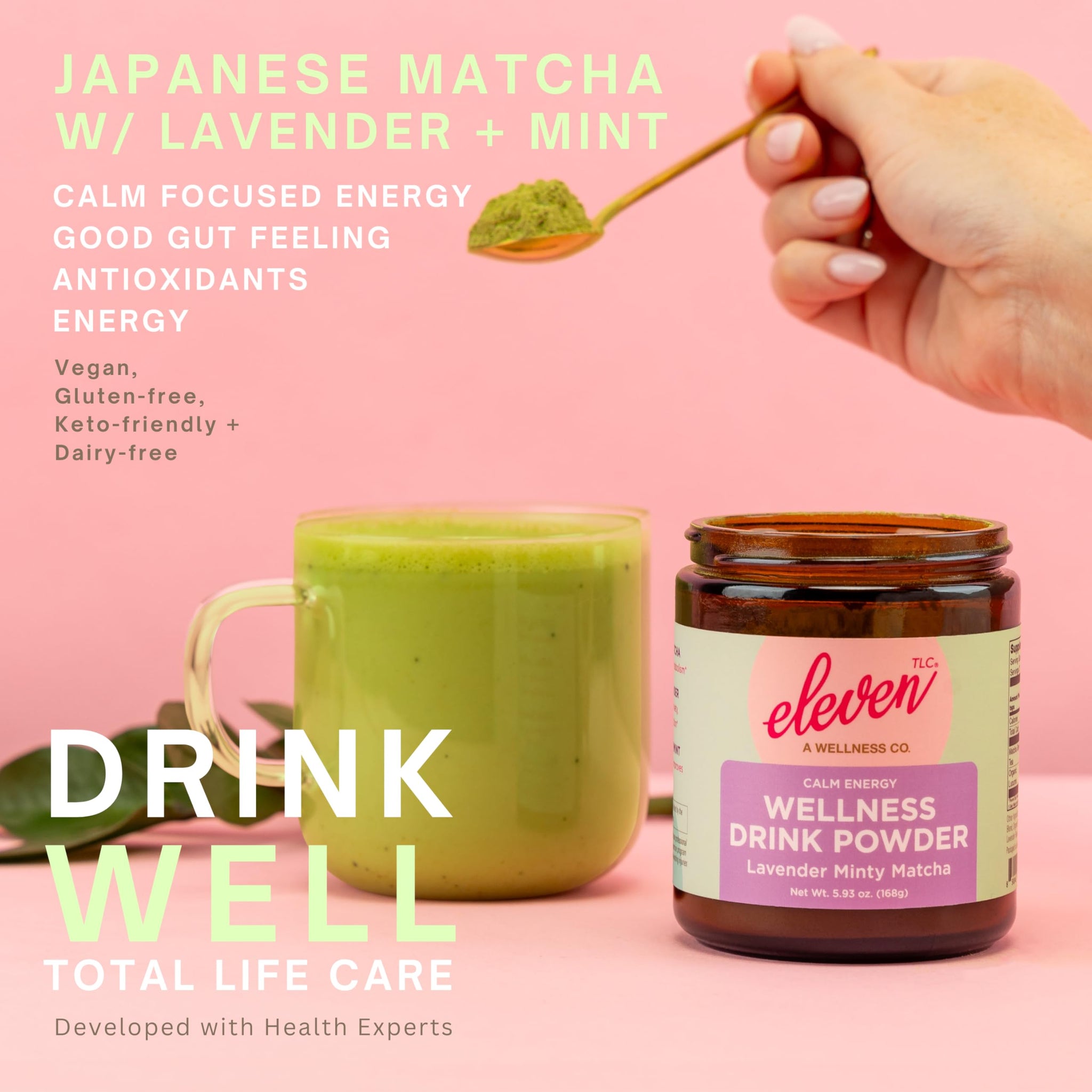 Eleven TLC Mint Lavender Matcha Powder - Ceremonial Grade Japanese Green Tea - Sugar-Free Wellness Latte Mix with Peppermint & Lavender - Calm Energy