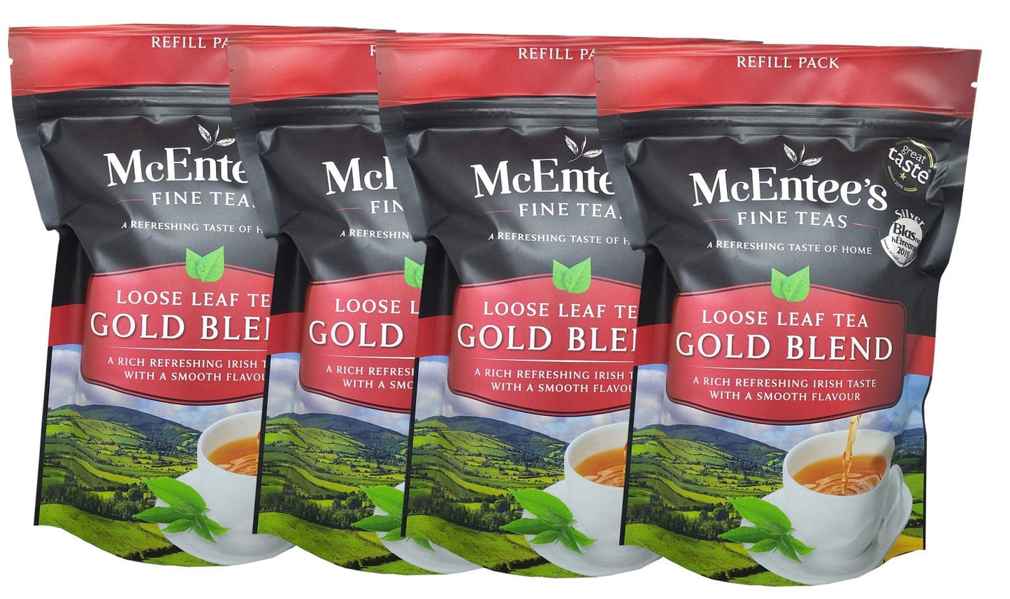 McEntee's Irish Loose Leaf Gold Blend Tea - (Pack of 4) - 250g Refill Bag - Expertly blended in Ireland to give that perfect cup of tea. A traditional