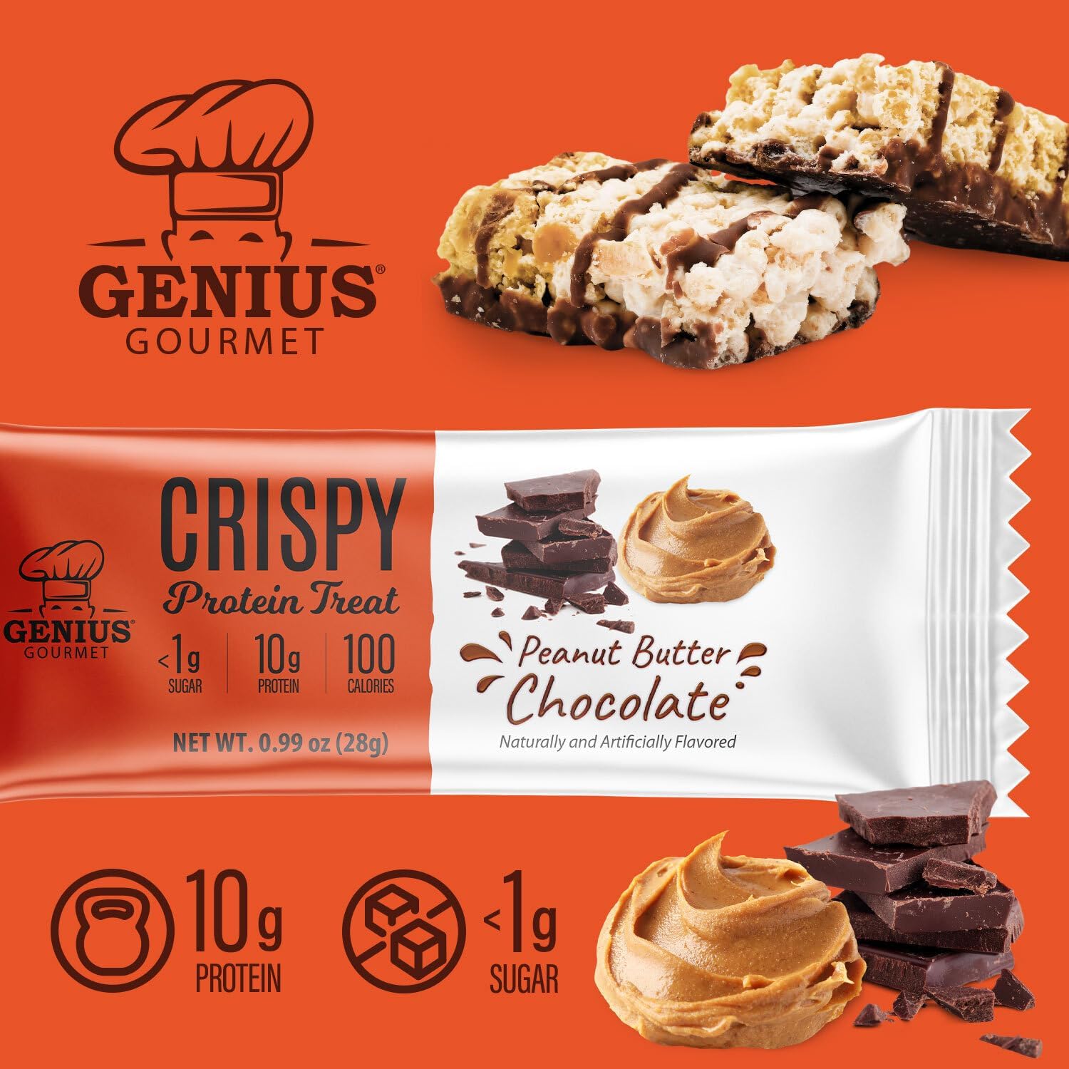 Genius Gourmet Crispy Protein Treat, Chocolate Peanut Butter, Keto Snack, Low Carb, Low Sugar & Gluten Free, Protein Snacks for Adults, 10G of Whey