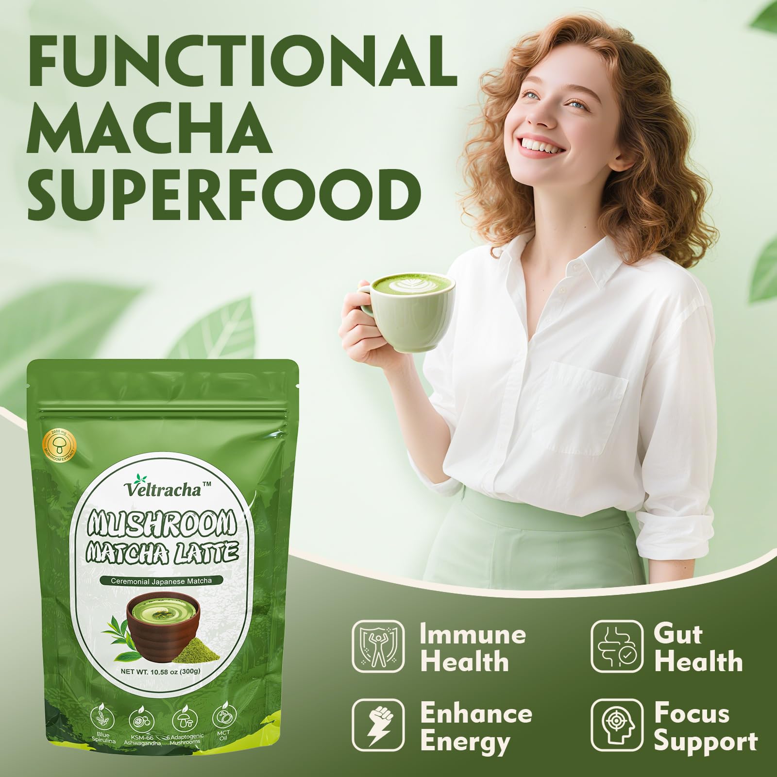 Veltracha Spirulina Mushroom Matcha, Japanese Ceremonial Grade Matcha with Ashwagandha, Adaptogenic Mushrooms Matcha Powder for Focus, Energy, Gut