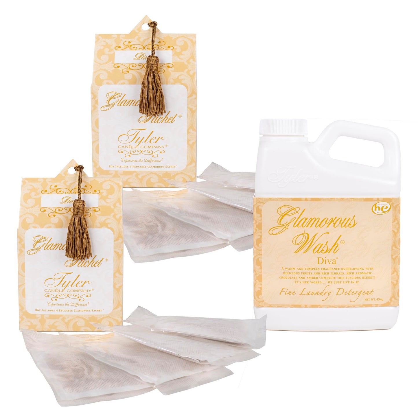 Elanze Designs Tyler Candle DIVA - Liquid Laundry Detergent and Scented Sachet Bundle - 16 Ounce