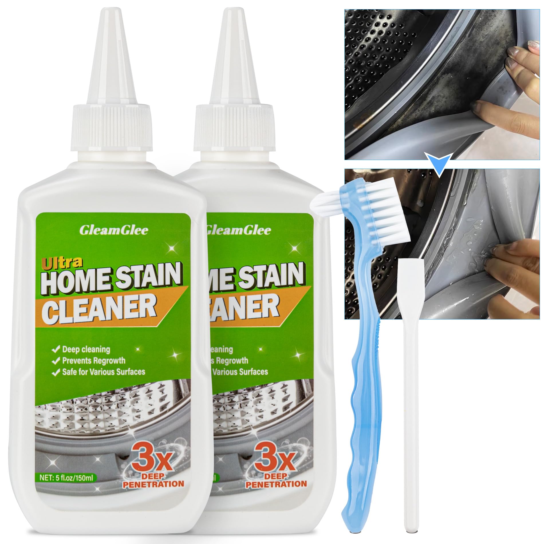 GleamGlee Home Remover Gel, 2 Pack Powerful Washing Machine Gasket Cleaner, Heavy Duty Cleaning Solution for Washing Machine, Refrigerator Strips