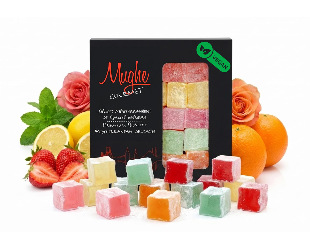 Mughe Gourmet Turkish Delight Candy Elegant Gift Box - 7oz/200g - Halal, Vegan Lokum Fruit Flavors Rose, Strawberry, Lemon, Orange, Mint - Gifts