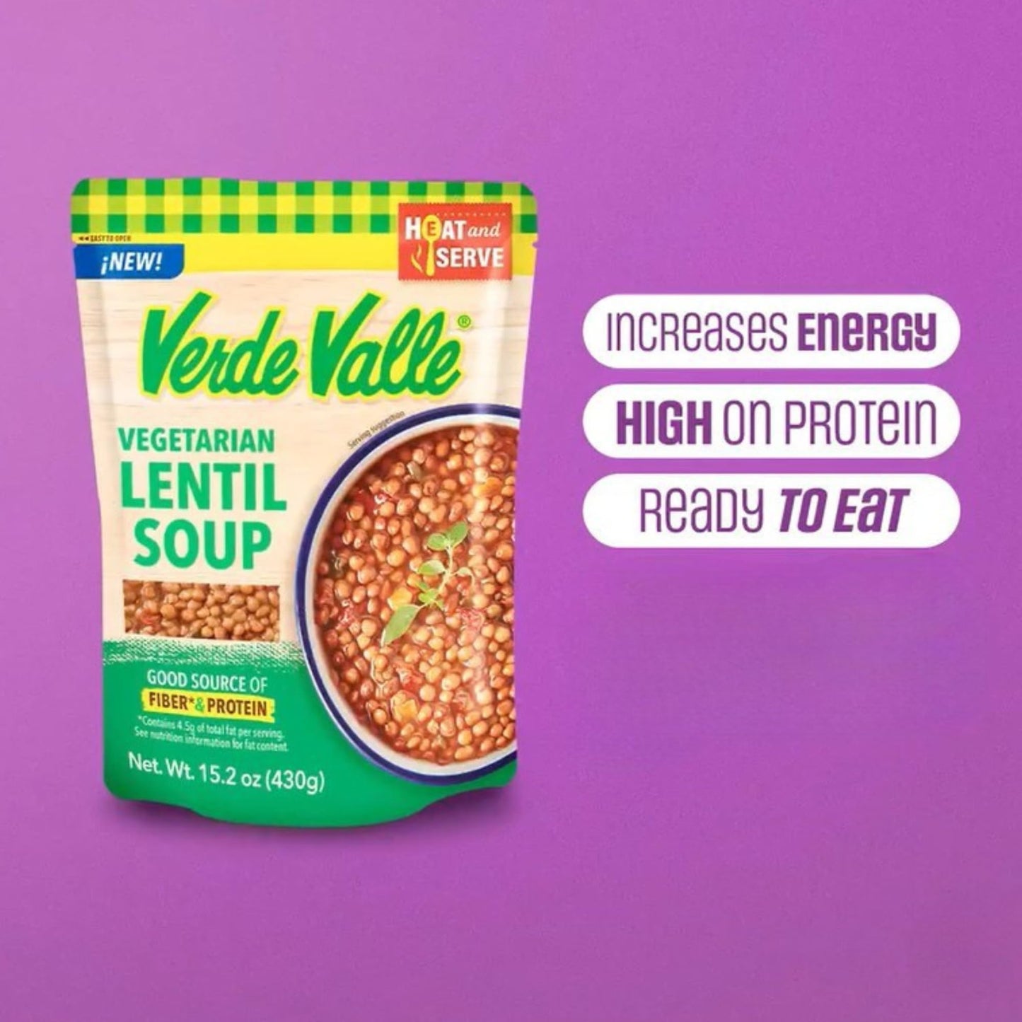 Verde Valle Vegetarian Lentil Soup Fresh Ready to Eat 15.2 oz (Pack of 1), Authentic Mexican Prepared Meal, Sopa de Lentejas, Protein, Fiber, Carrots