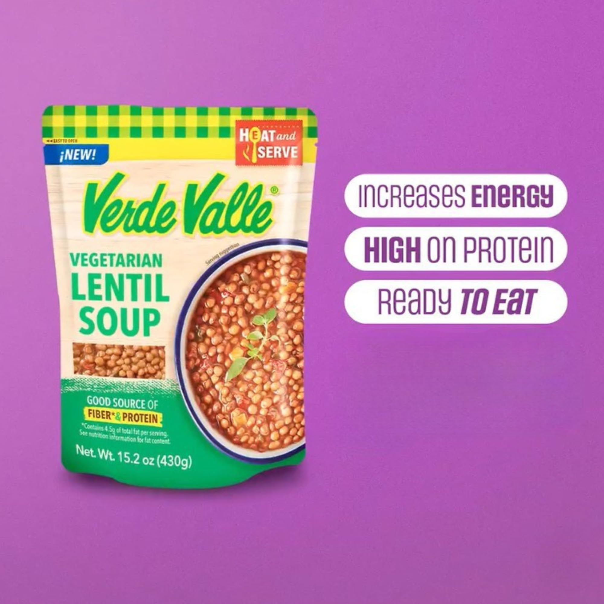 Verde Valle Vegetarian Lentil Soup Fresh Ready to Eat 15.2 oz (Pack of 1), Authentic Mexican Prepared Meal, Sopa de Lentejas, Protein, Fiber, Carrots