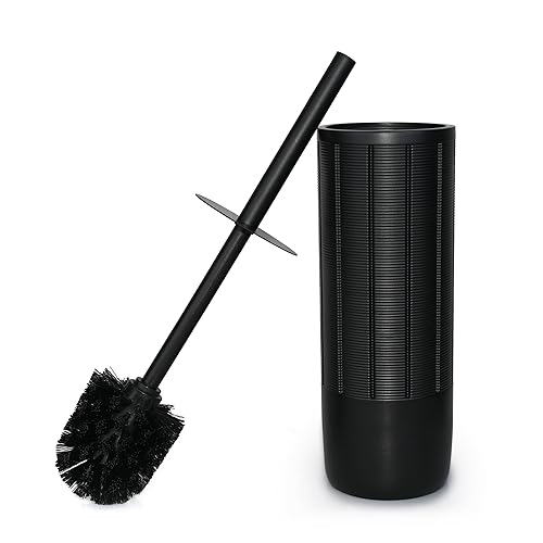 Indecor Home Matte Black Ribbed Design Resin Toilet Bowl Holder and Brush Set, Durable Bathroom Cleaning Tool with Ergonomic Handle and Efficient