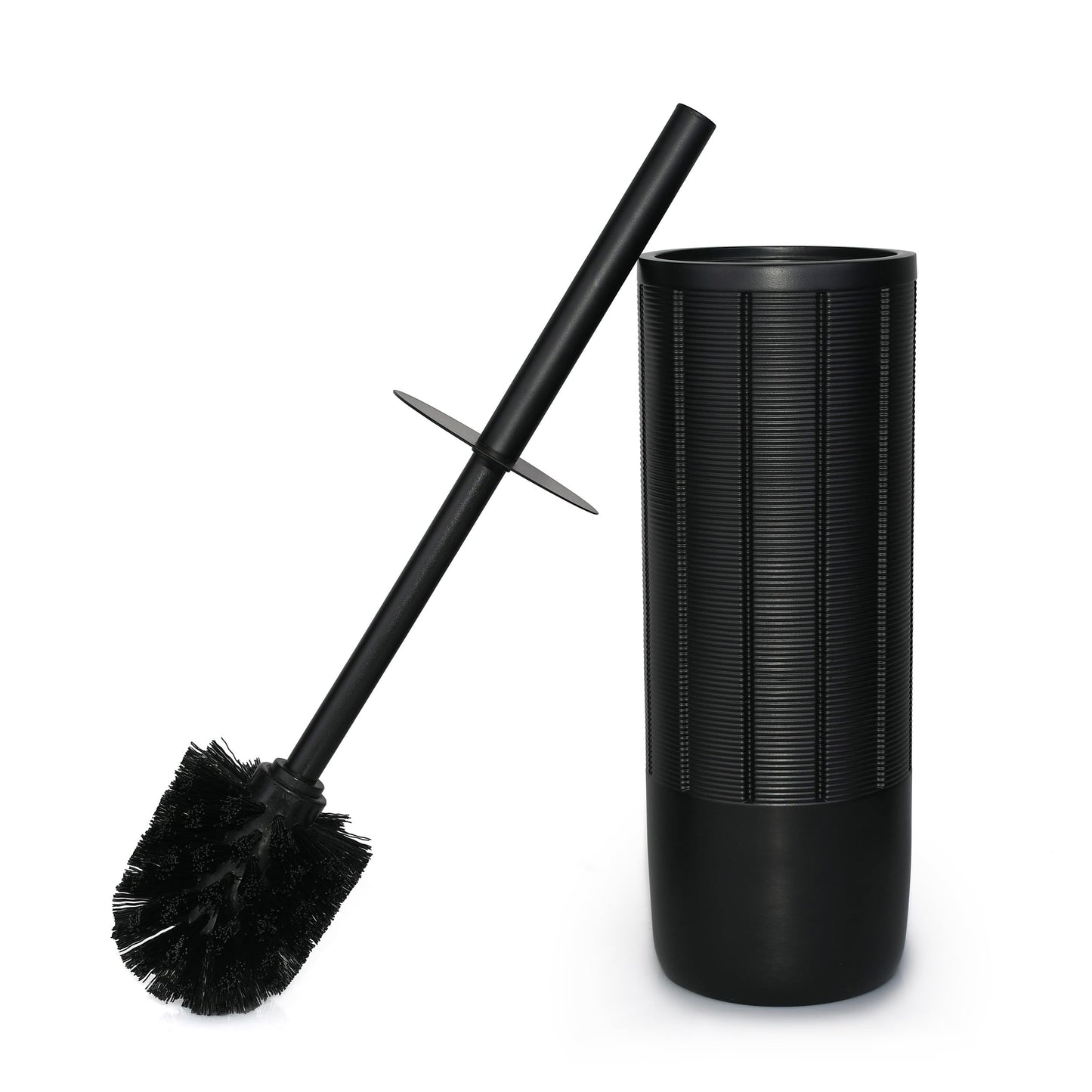 Indecor Home Matte Black Ribbed Design Resin Toilet Bowl Holder and Brush Set, Durable Bathroom Cleaning Tool with Ergonomic Handle and Efficient