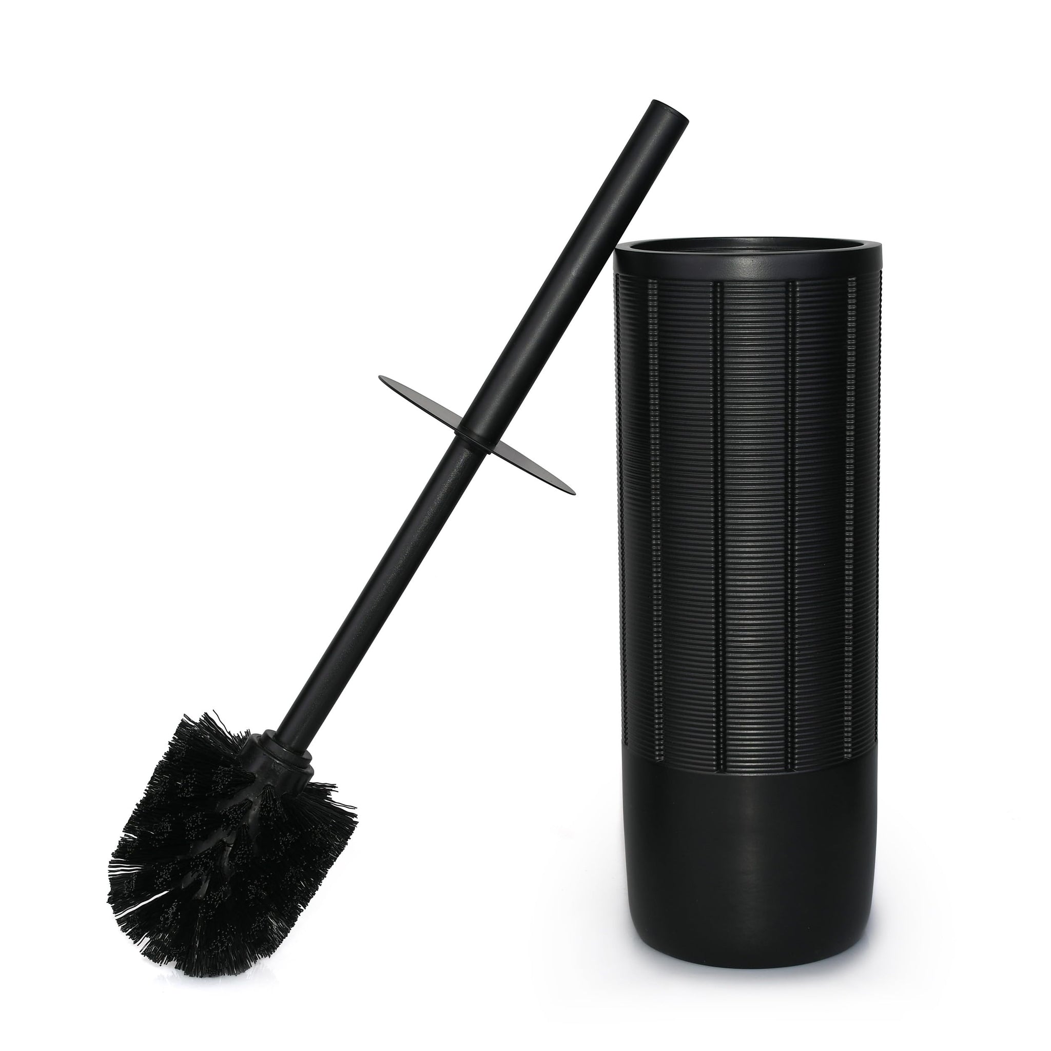 Indecor Home Matte Black Ribbed Design Resin Toilet Bowl Holder and Brush Set, Durable Bathroom Cleaning Tool with Ergonomic Handle and Efficient