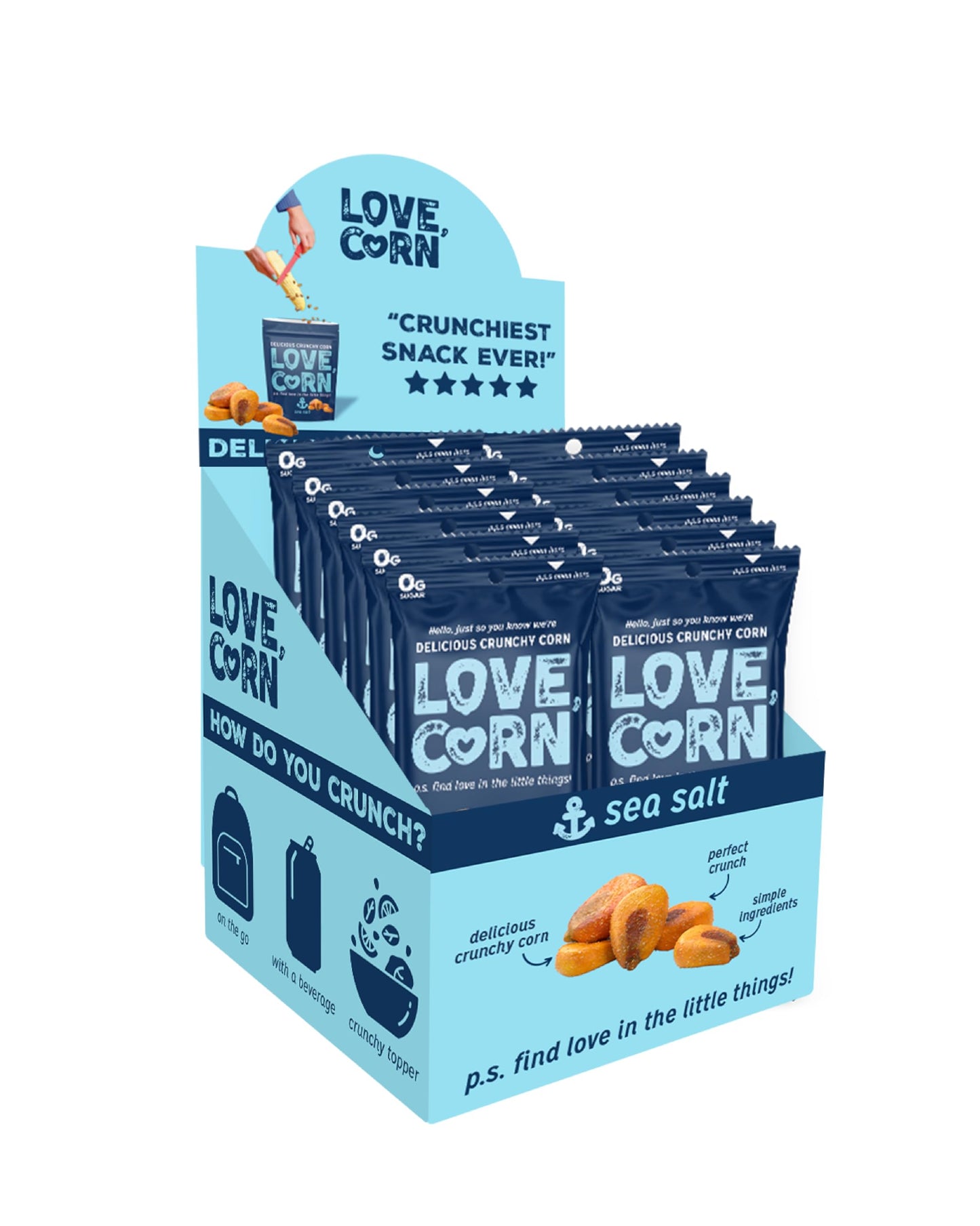 LOVE CORN Sea Salt - Crunchy Roasted Corn Snack, 3 Ingredients, Gluten Free, Non-GMO, Vegan, Low Sugar - Lunchbox, Office & On-the-Go, Alternative