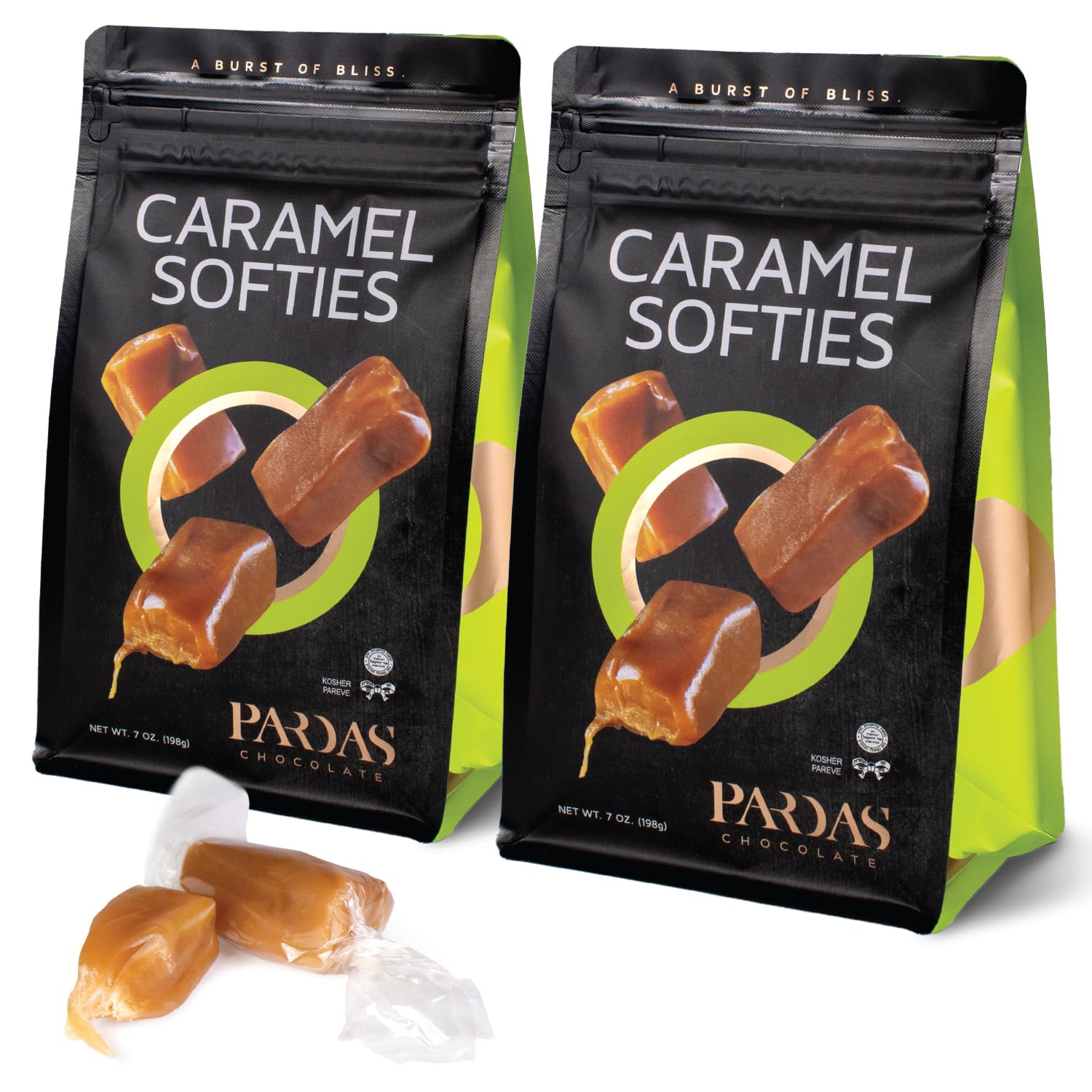 PARDAS Caramel Cream Candy, 7oz Bag, 2 Pack of Caramels Individually Wrapped, Ideal Kosher Candy for Desserts, Parties, Lunchboxes and Holiday