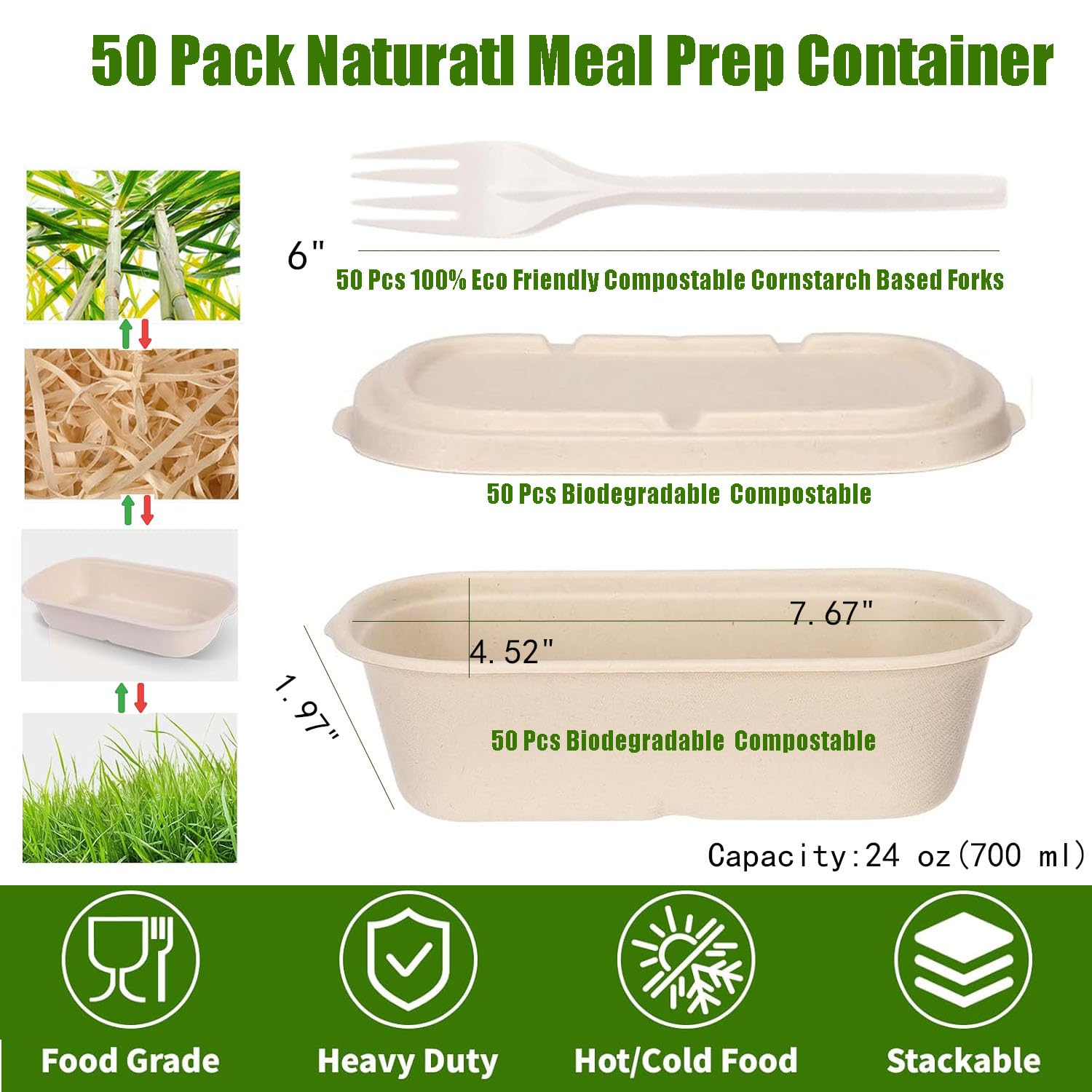 SharpRealm 24oz Disposable Meal Prep Food Containers with Lids, 50 Pack Sugarcane Fiber Pulp Take-Out Boxes, Compostable Biodegradable Lunch