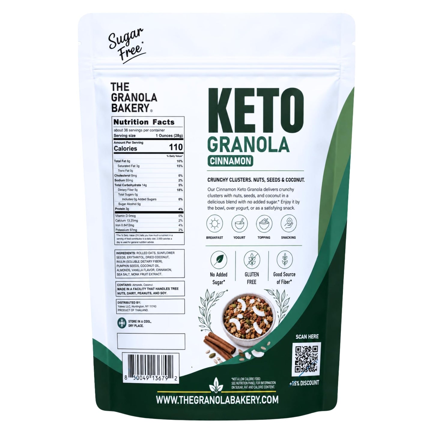 TGB Keto Granola, Cinnamon, No Added Sugar, Gluten Free, Good Source of Fiber, Low Carb Cereal & Snack, Keto Friendly, 2.2lb Resealable Bag