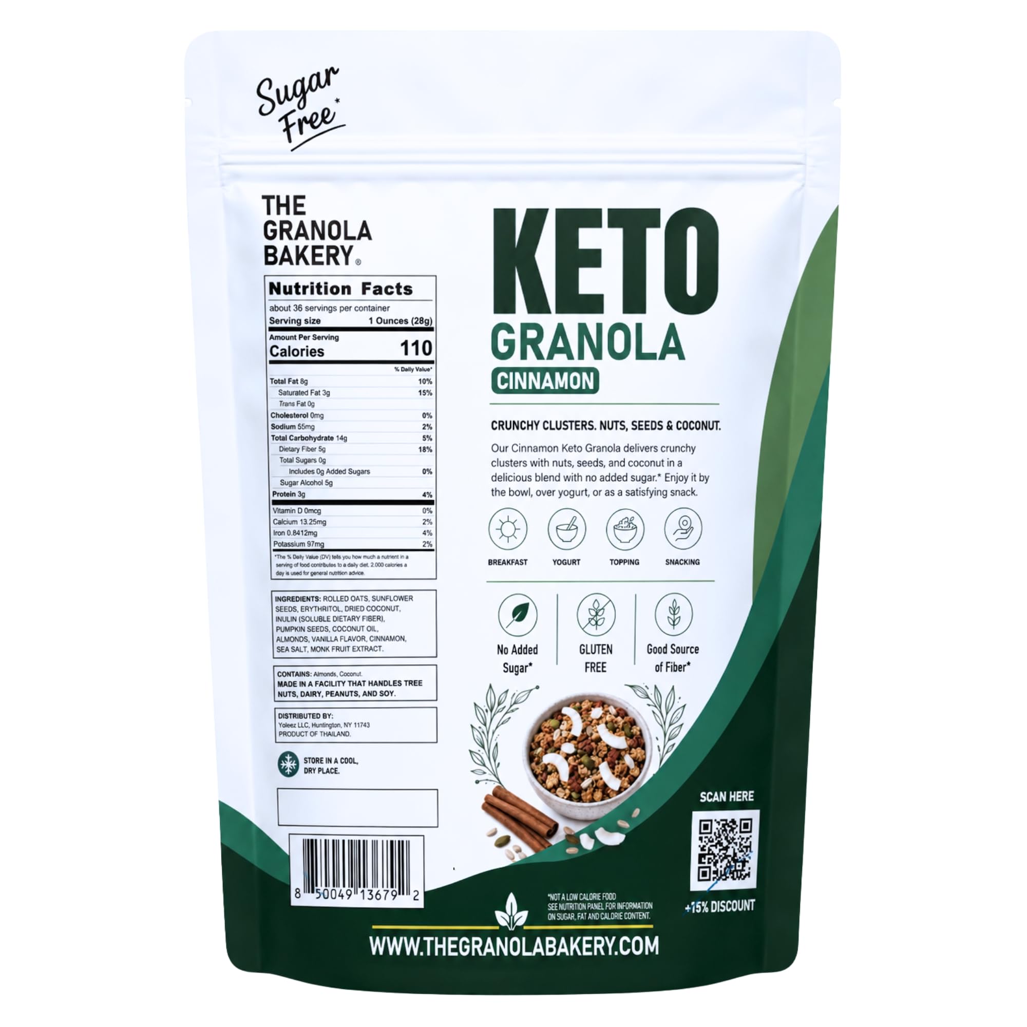TGB Keto Granola, Cinnamon, No Added Sugar, Gluten Free, Good Source of Fiber, Low Carb Cereal & Snack, Keto Friendly, 2.2lb Resealable Bag